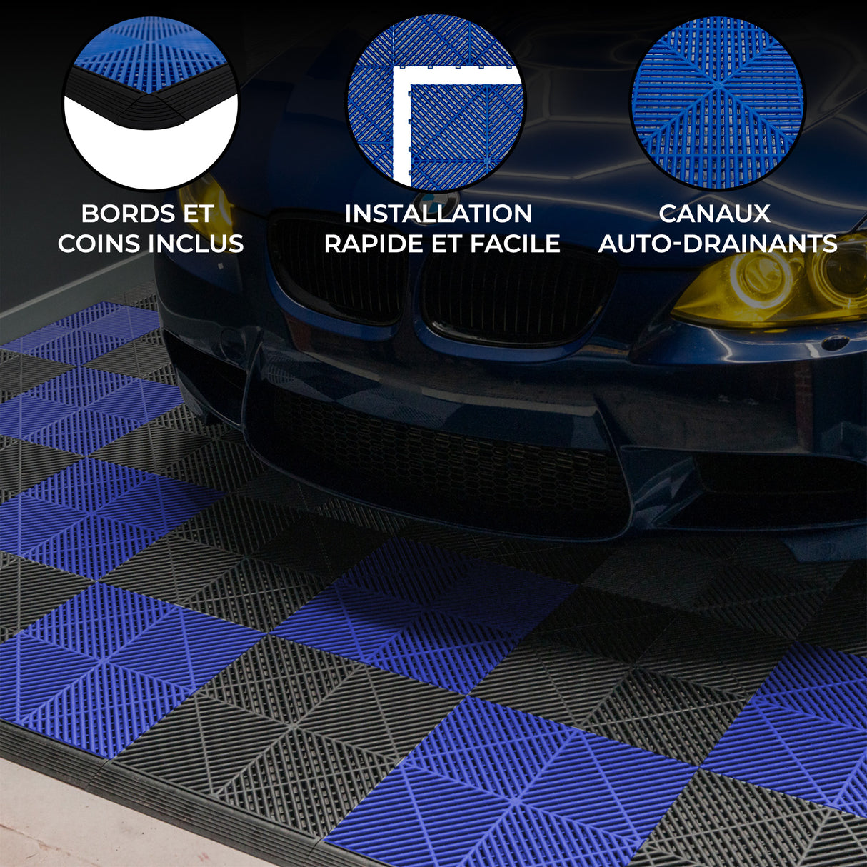 Carrelage de sol ventilé noir et bleu pour garage, avec texture en relief, bords inclus, installation rapide et canaux auto-drainants