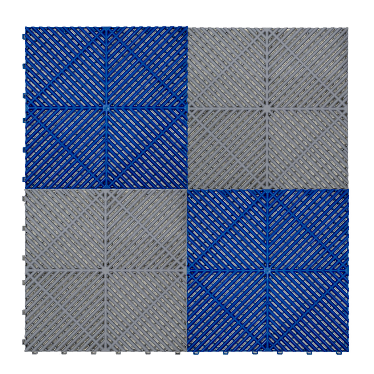 Carrelage de sol ventilé pour garage, alternant carreaux bleus et gris, avec texture en relief et bordures pour un maintien sécurisé