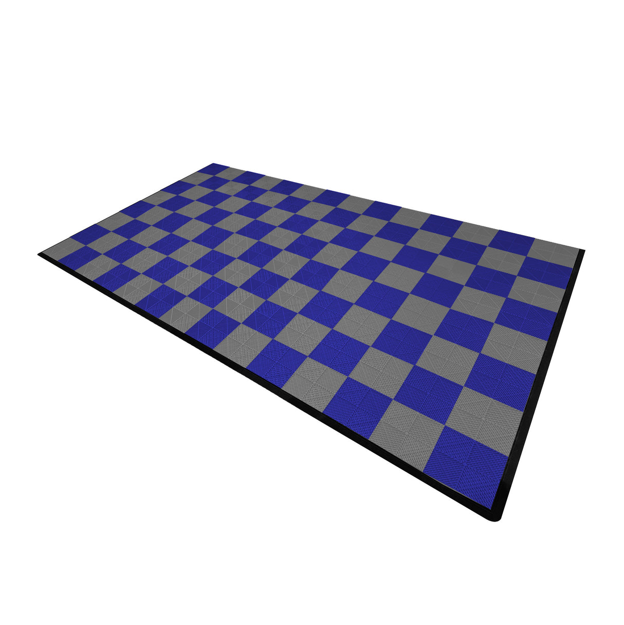 Carrelage de sol ventilé pour garage, motif damier bleu et gris, texture antidérapante, bordure noire, dimensions 60 x 60 cm