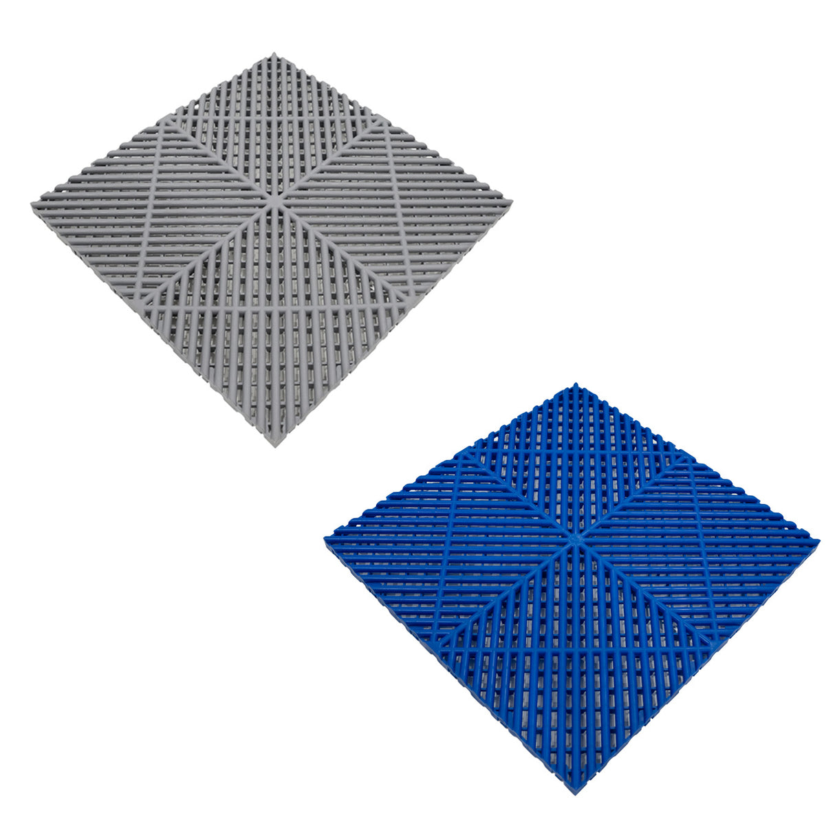 Carrelage de sol ventilé pour garage, en bleu et gris, avec une texture en relief et un motif en croix pour une meilleure adhérence