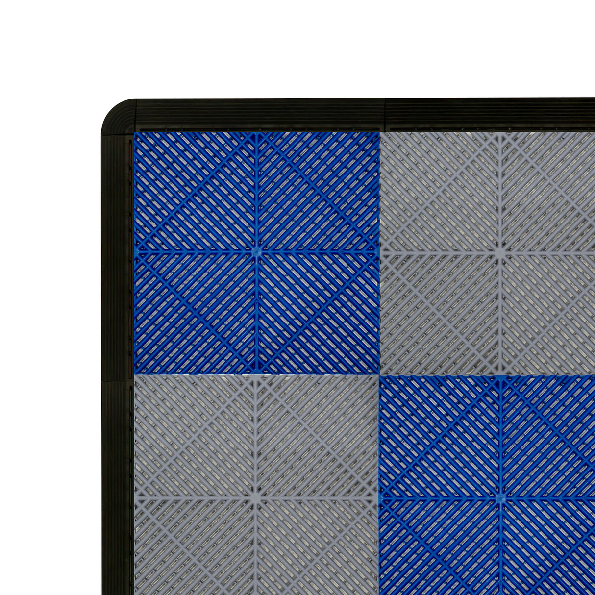 Carrelage de sol ventilé pour garage, motifs en bleu et gris, texture en relief, bordure noire, dimensions 60 x 60 cm