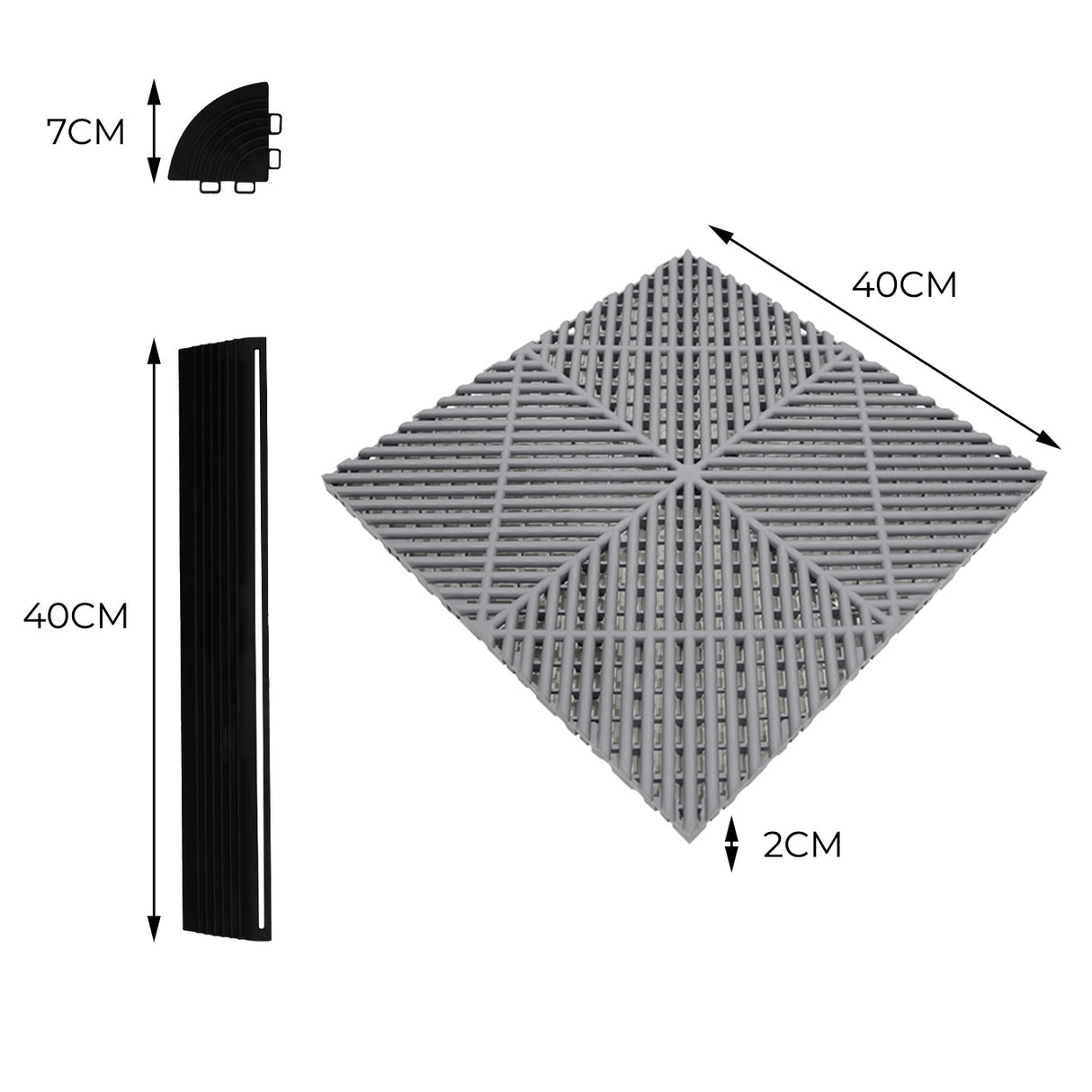 Carrelage de sol ventilé pour garage, en bleu et gris, avec texture nervurée, dimensions 60x60 cm et bordure noire de 7 cm