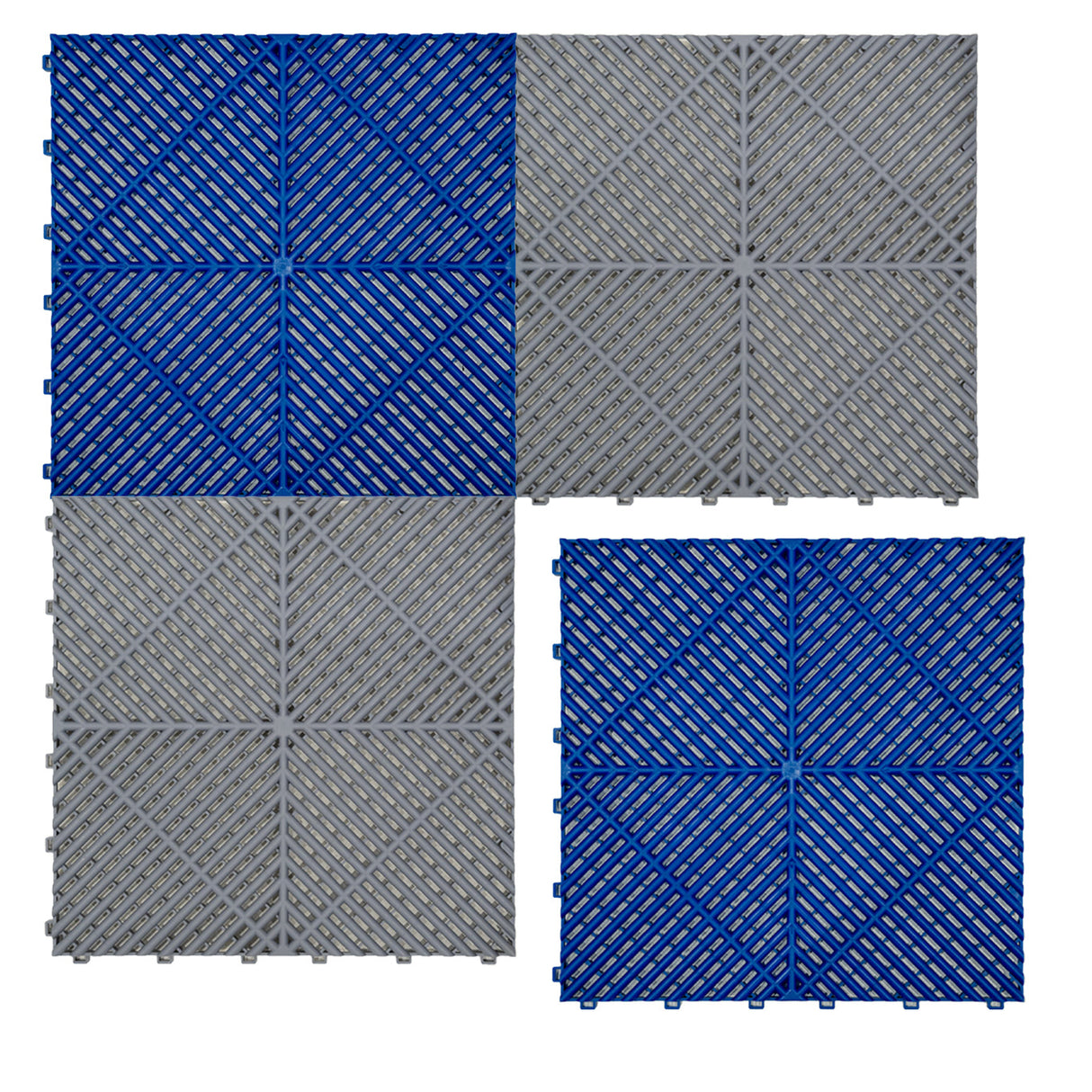 Carrelage de sol ventilé pour garage, combinant des dalles bleues et grises, avec une texture en relief et des bords modulables