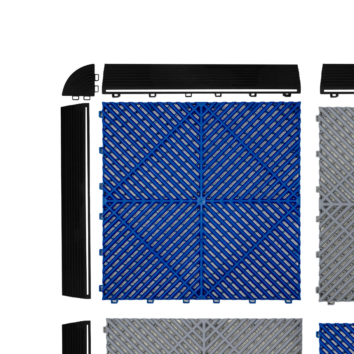Carrelage de sol ventilé pour garage, composé de dalles bleues et grises, avec bordures noires, texture antidérapante et design géométrique
