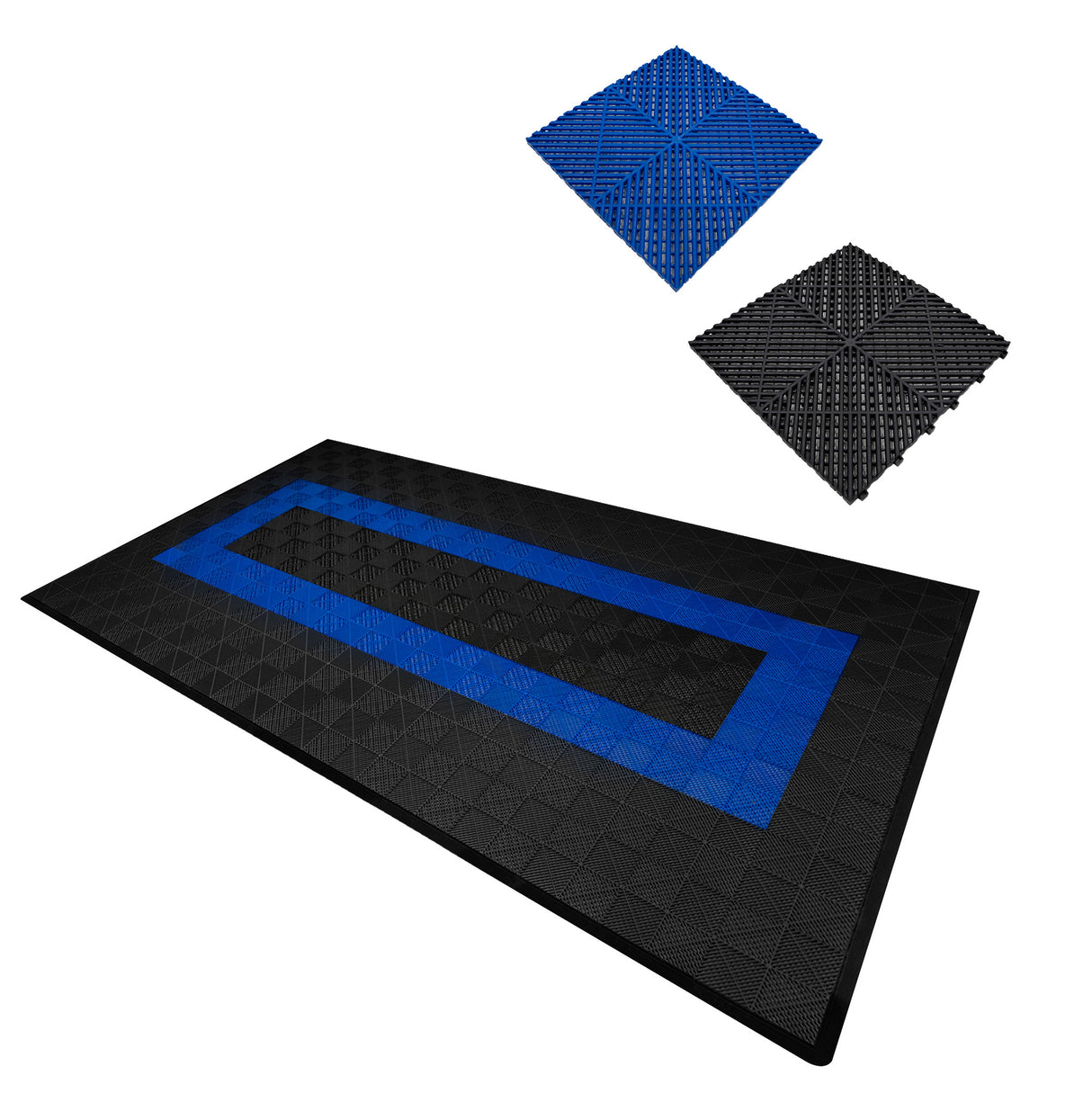 Carrelage de sol ventilé noir avec bordure bleue, texture en relief, idéal pour garage, offrant durabilité et esthétique moderne