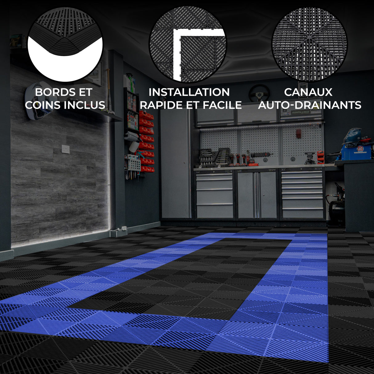 Carrelage de sol ventilé noir avec bordures et motifs, accentué de bleu, idéal pour garage, installation rapide et canaux auto-drainants