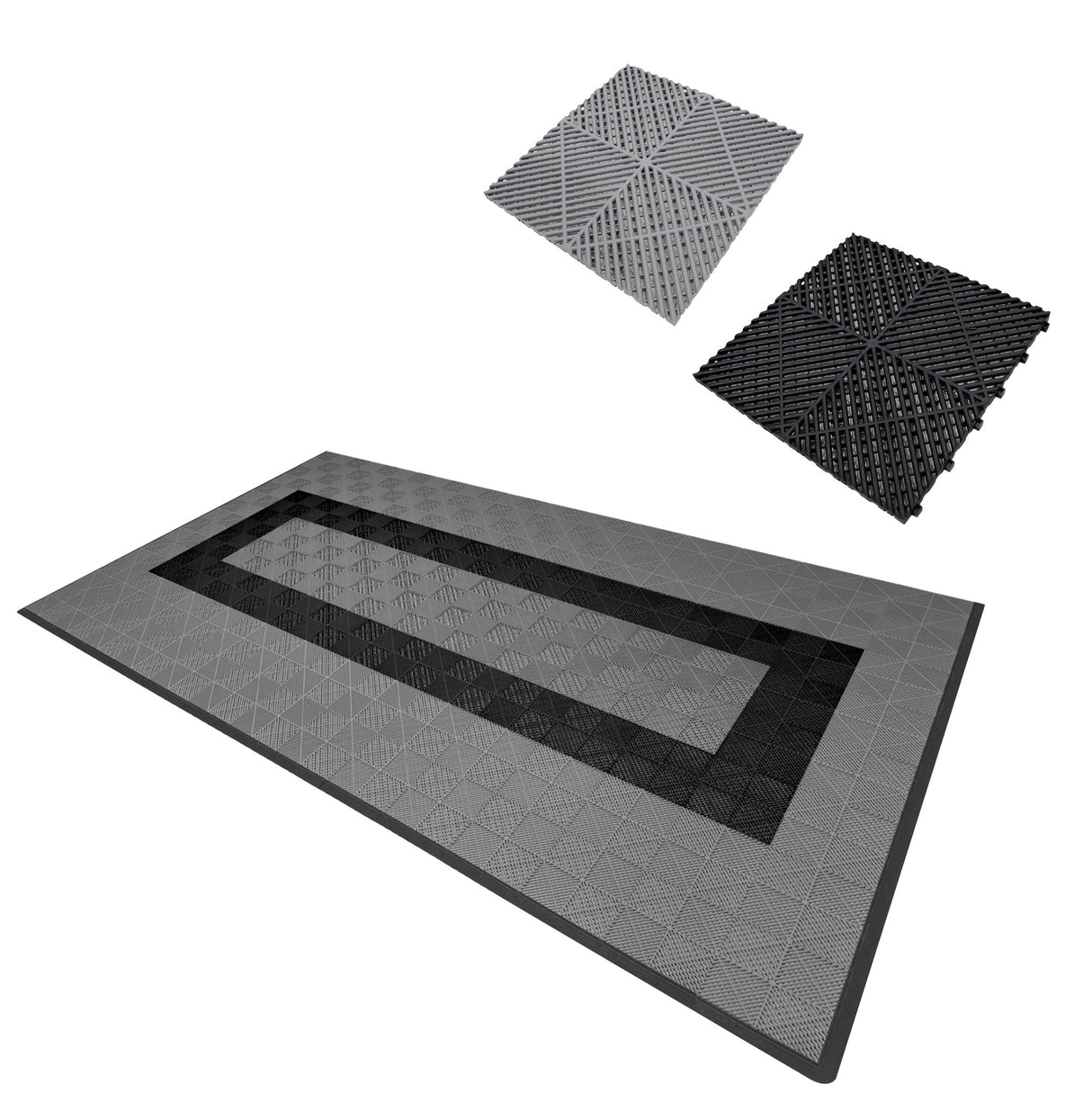 Carrelage de sol ventilé pour garage, en gris et noir, avec texture en relief et bordure, idéal pour une surface antidérapante