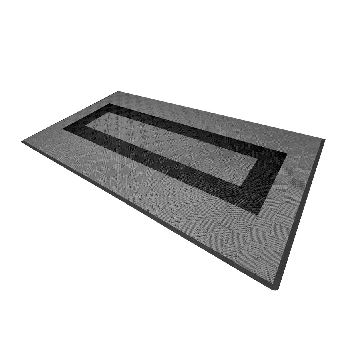 Carrelage de sol ventilé pour garage, motifs géométriques en gris et noir, texture antidérapante, bordure définie, dimensions 90 x 30 cm