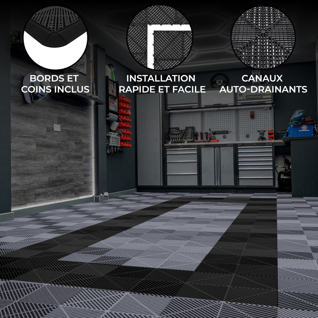 Carrelage de sol ventilé pour garage avec motifs gris et noir, texture antidérapante, bordures incluses et installation facile