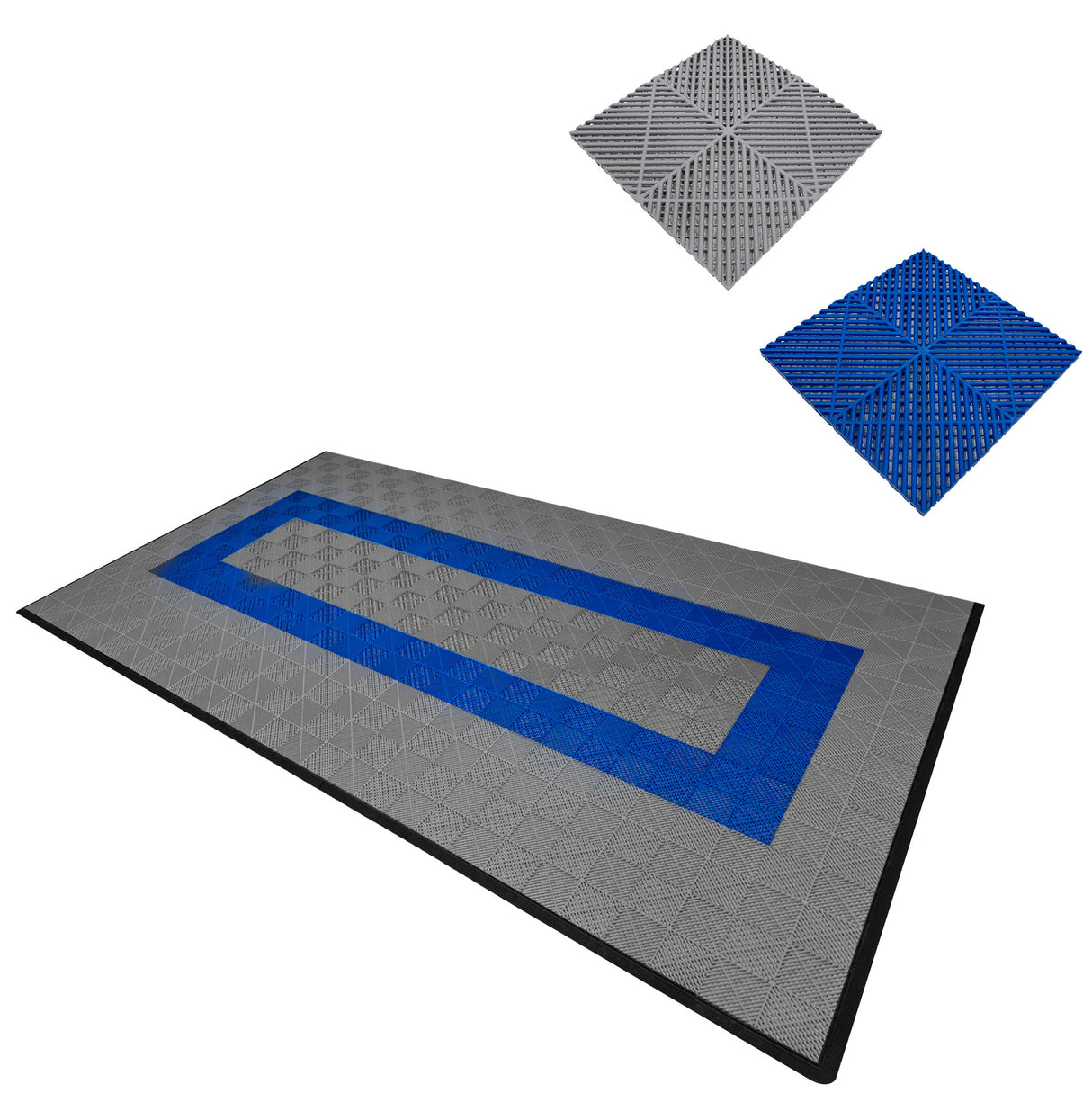 Carrelage de sol ventilé pour garage, gris avec bordure bleue, texture en relief, idéal pour une surface antidérapante et durable