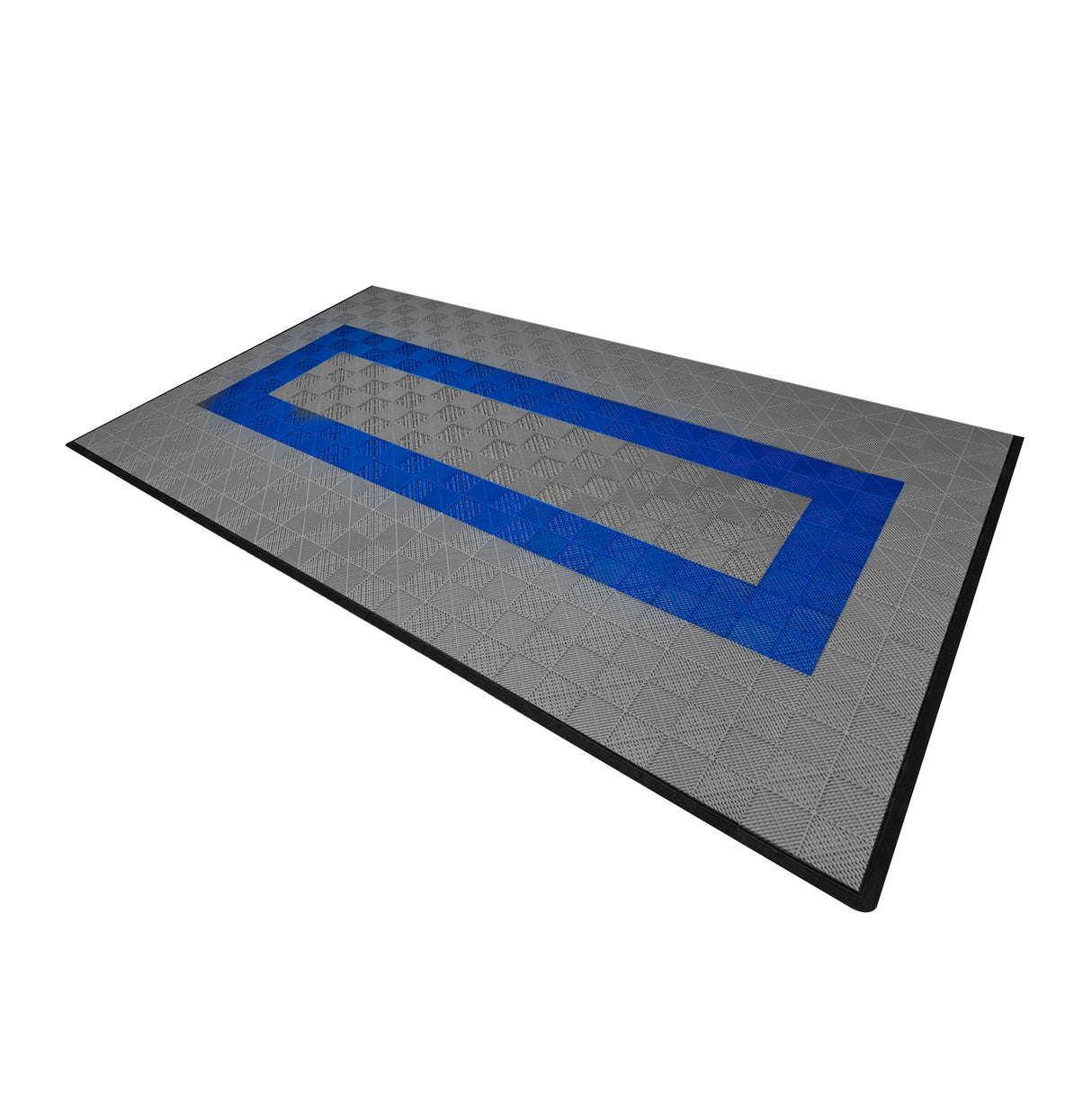 Carrelage de sol ventilé pour garage, gris avec une bordure bleue, texture en relief, design moderne et fonctionnel