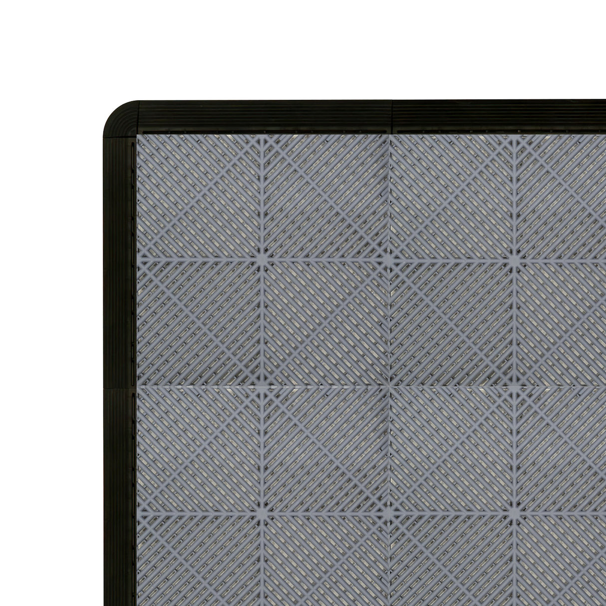 Carrelage de sol ventilé pour garage, gris avec bordure noire, texture en relief et motifs en diagonale, dimensions 90 x 30 cm