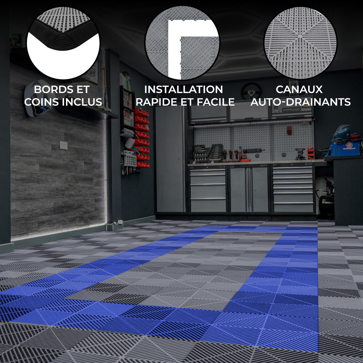 Carrelage de sol ventilé pour garage, motifs gris et bleu, avec bordures, installation facile et canaux auto-drainants