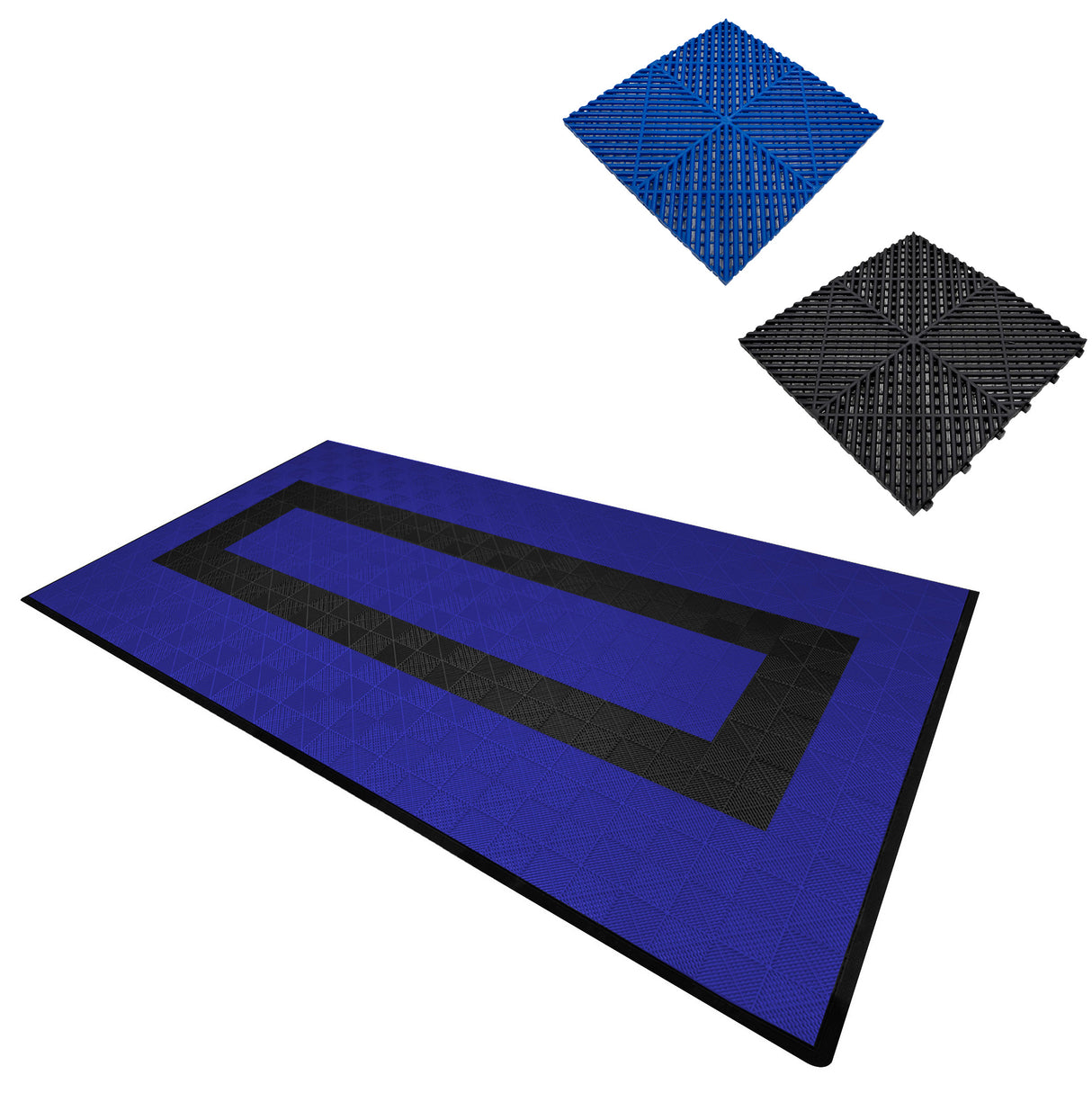 Carrelage de sol ventilé pour garage, avec motifs en relief, bleu vif et noir, offrant durabilité et design moderne