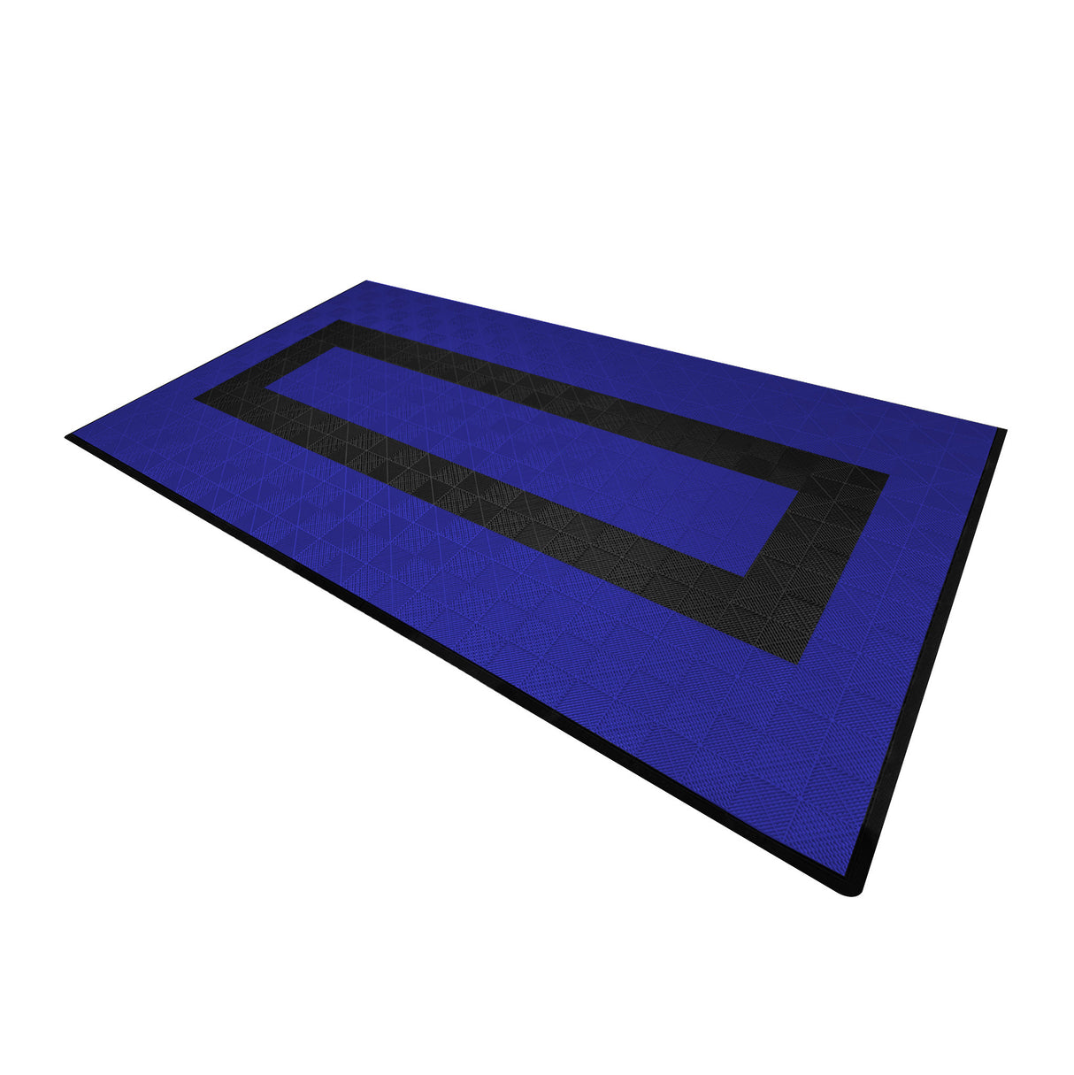 Carrelage de sol ventilé pour garage, bleu vif avec une bordure noire, texture en relief et design géométrique moderne