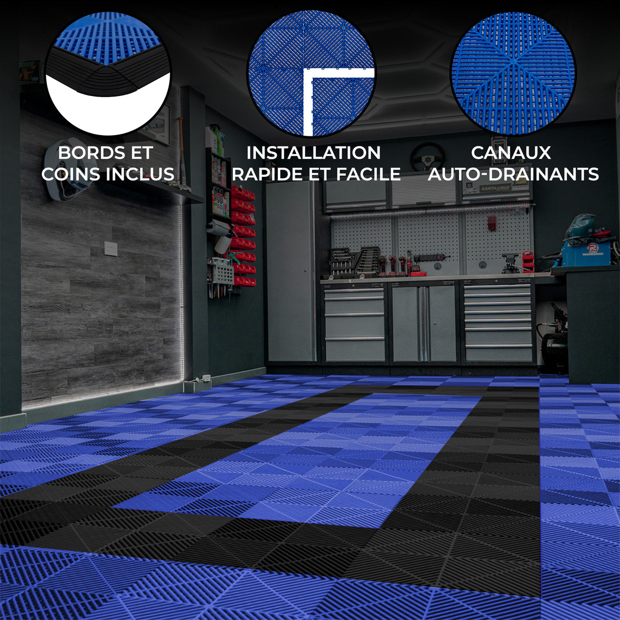 Carrelage de sol ventilé pour garage, motifs en bleu et noir, texture antidérapante, bords et coins inclus pour installation facile