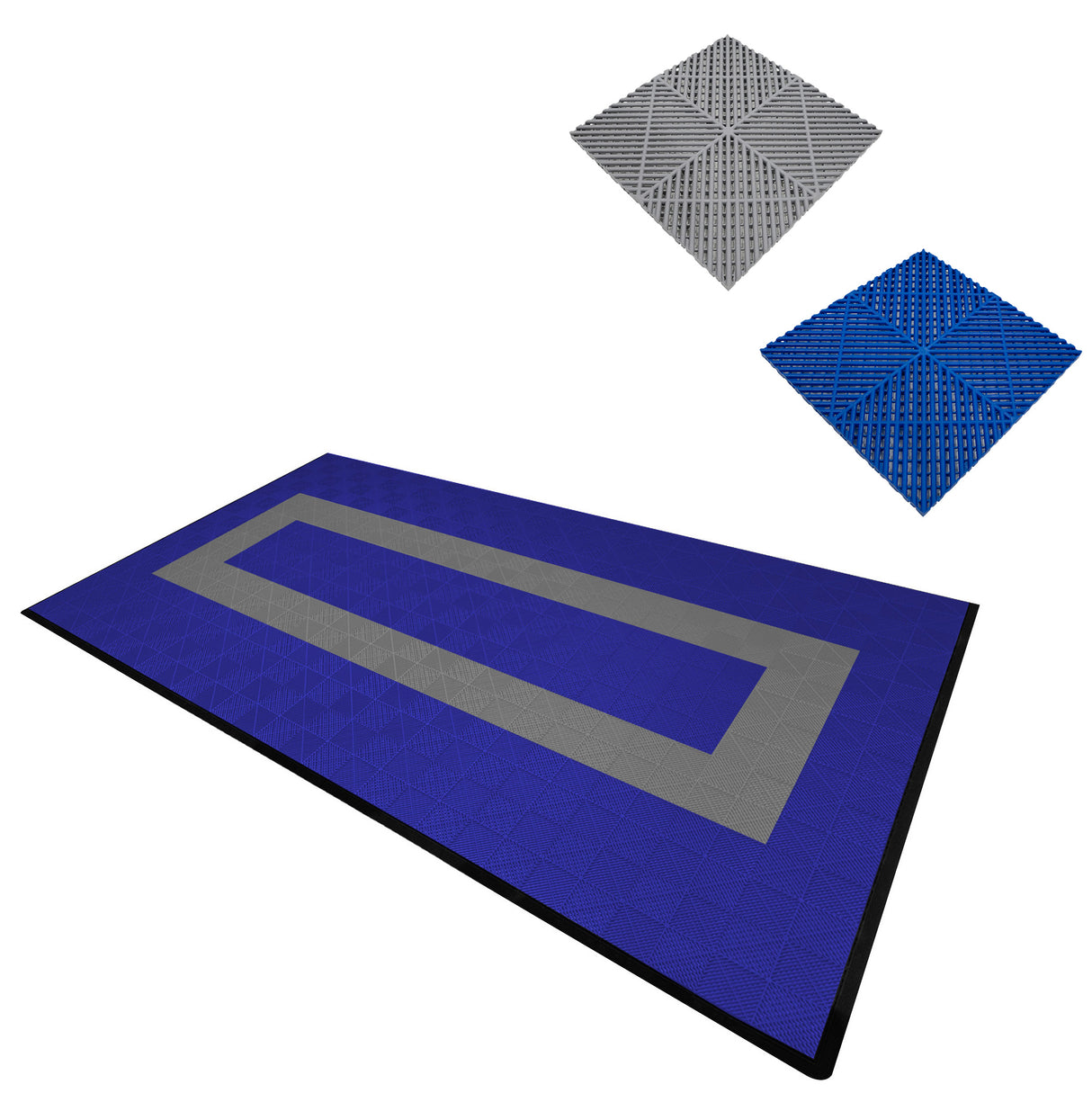 Carrelage de sol ventilé pour garage, bleu vif avec bordure grise, texture en relief, idéal pour un usage durable et esthétique