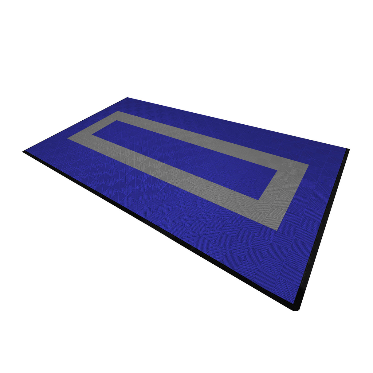 Carrelage de sol ventilé pour garage, bleu vif avec une bordure grise, texture en relief, dimensions 90 x 30 cm, design moderne