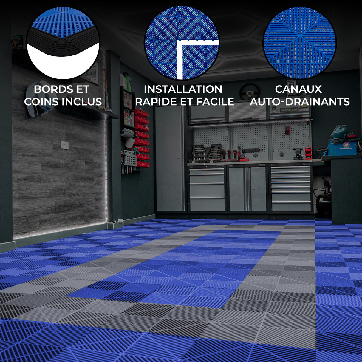 Carrelage de sol ventilé pour garage, motifs en bleu et gris, texture antidérapante, bords et coins inclus, installation facile