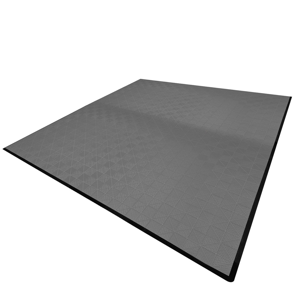 Carrelage de sol ventilé gris avec bordure noire, surface texturée en relief, idéal pour un garage moderne et fonctionnel