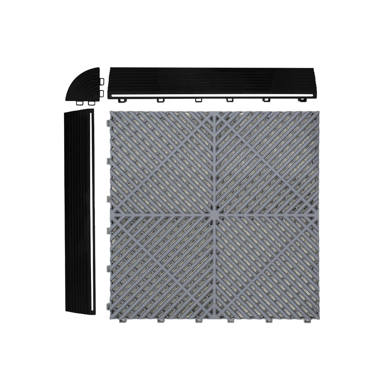 Carrelage de sol ventilé gris pour garage, avec bordures noires, en plastique robuste, texture en relief pour une meilleure adhérence