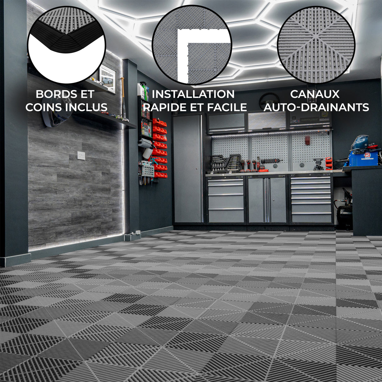 Carrelage de sol ventilé pour garage en gris, avec motifs géométriques, texture antidérapante et bords inclus, idéal pour un espace moderne