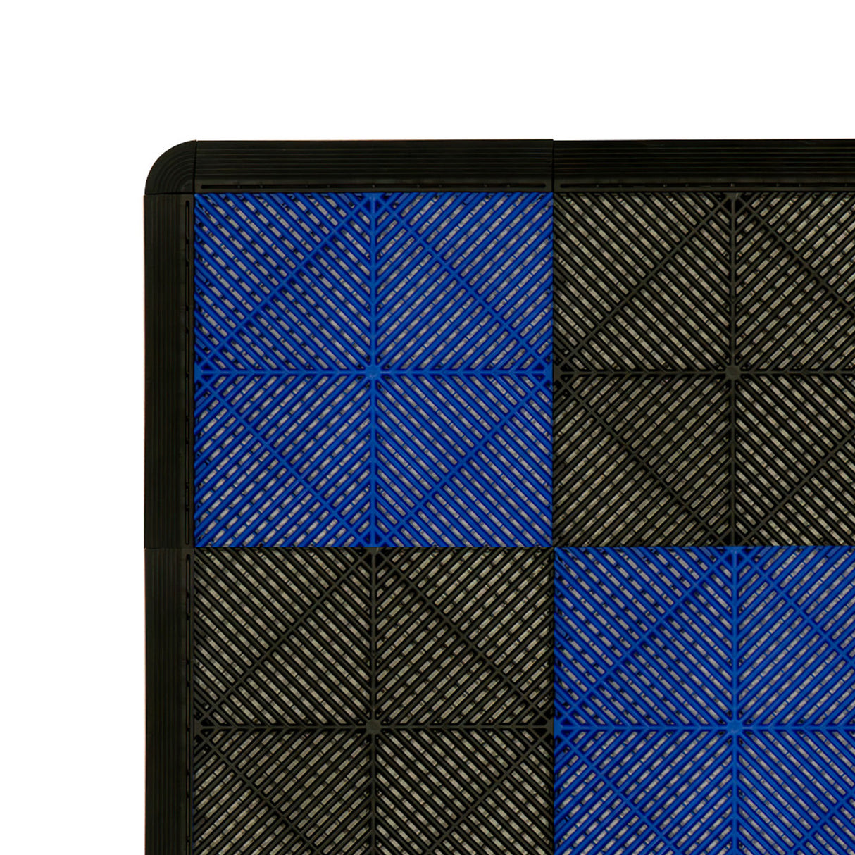 Carrelage de sol ventilé noir et bleu, avec une texture en relief, conçu pour garages, offrant durabilité et esthétique moderne