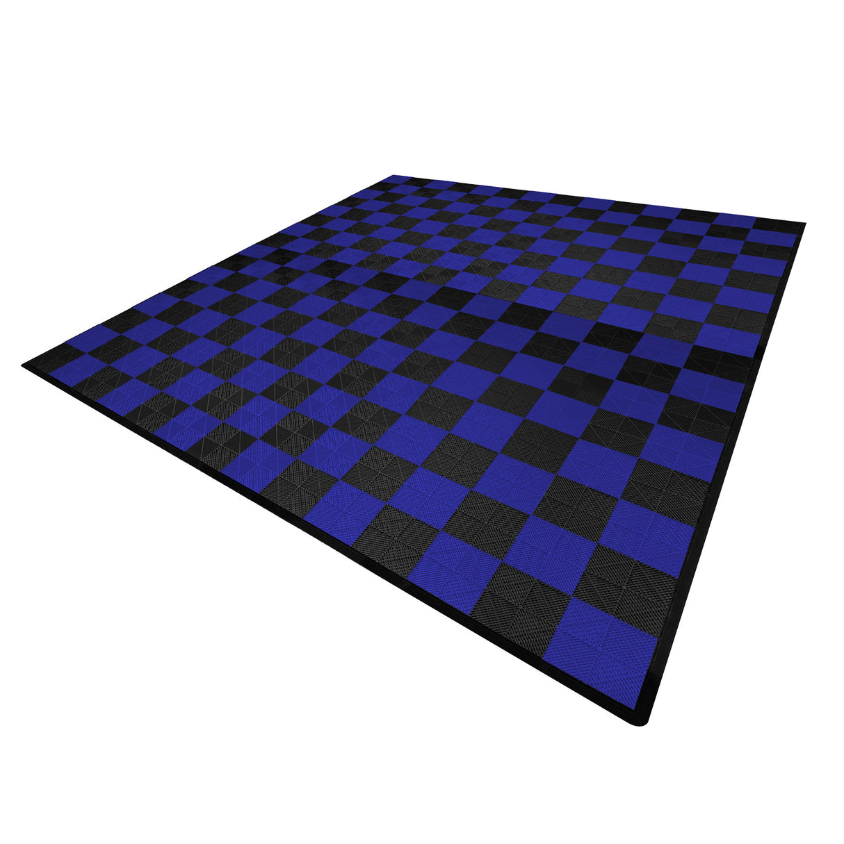 Carrelage de sol ventilé noir et bleu, motif damier, surface texturée, idéal pour garage, dimensions 120 x 120 cm
