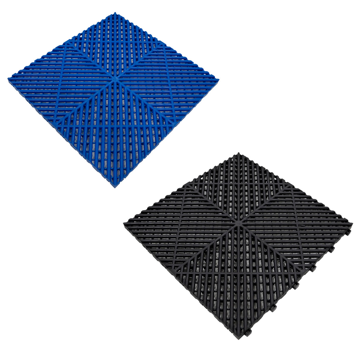 Carrelage de sol ventilé pour garage, en noir et bleu, avec texture en relief et motif en croix pour une meilleure adhérence