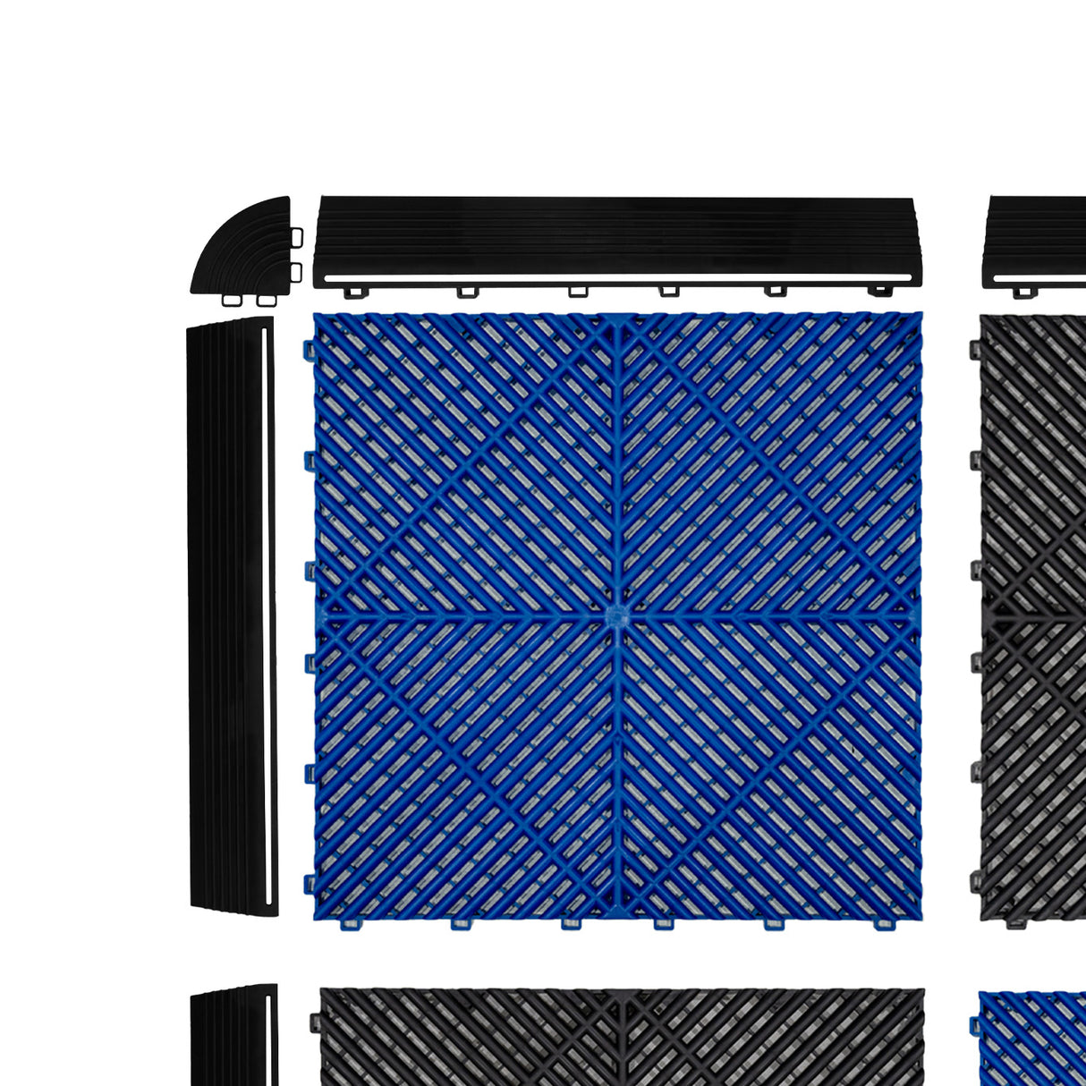 Carrelage de sol ventilé pour garage, noir et bleu, avec bordures, texture en relief, design en losanges, facile à installer