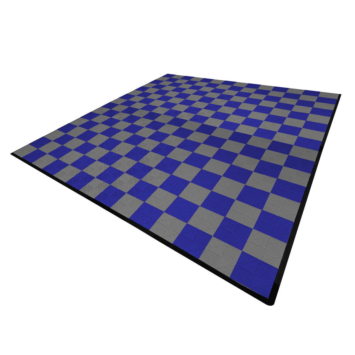 Carrelage de sol ventilé pour garage, motif damier gris et bleu, texture antidérapante, bordure noire, dimensions 120 x 120 cm