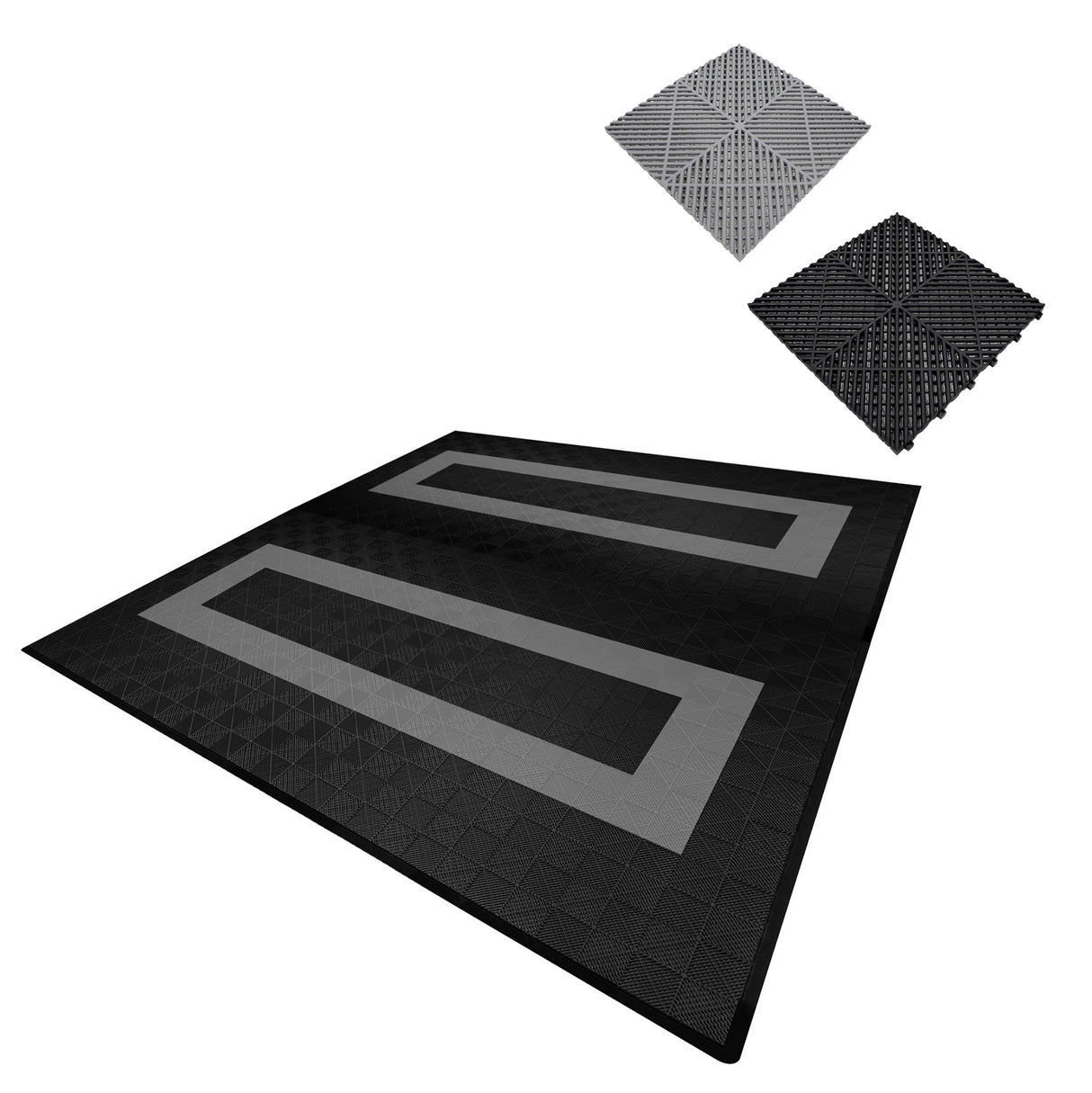 Carrelage de sol ventilé noir et gris, avec motifs texturés, idéal pour garage, offrant durabilité et esthétique moderne