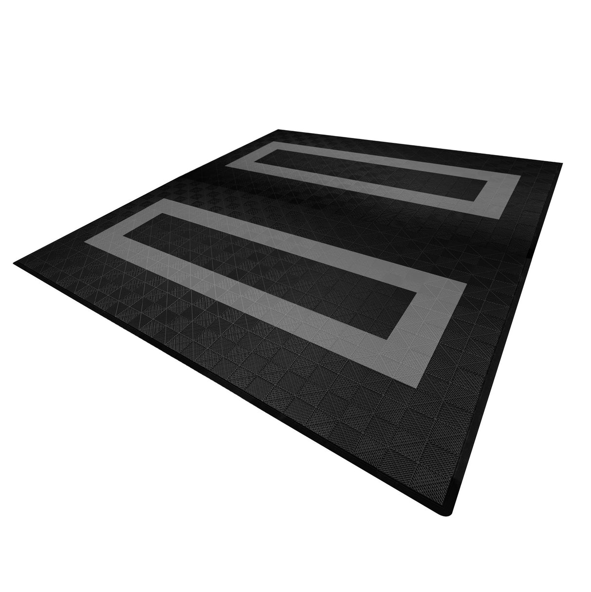 Carrelage de sol ventilé noir et gris, avec une texture en relief et une bordure rectangulaire, idéal pour un garage moderne