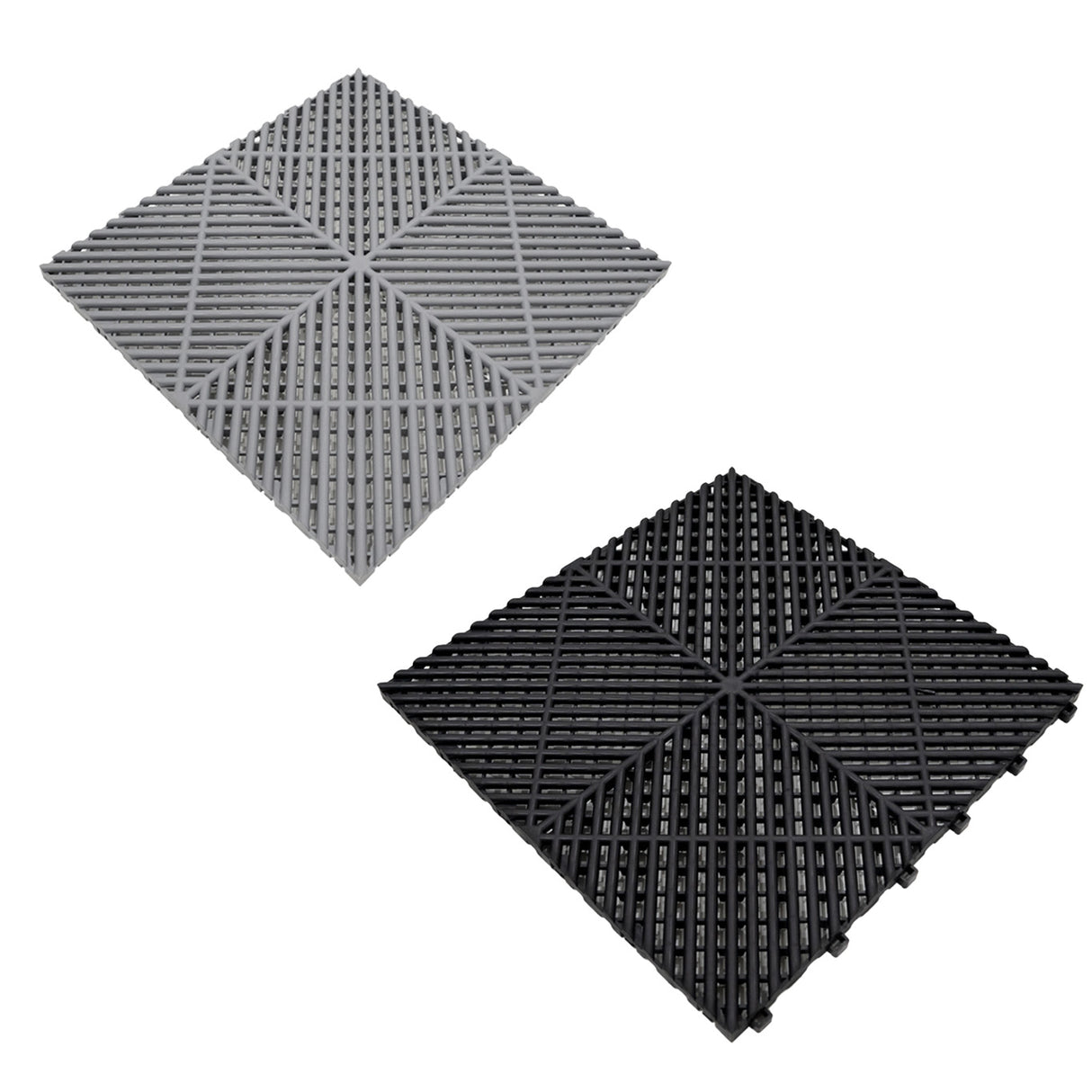 Carrelage de sol ventilé pour garage, en noir et gris, avec texture en relief et motifs croisés, idéal pour drainage et durabilité