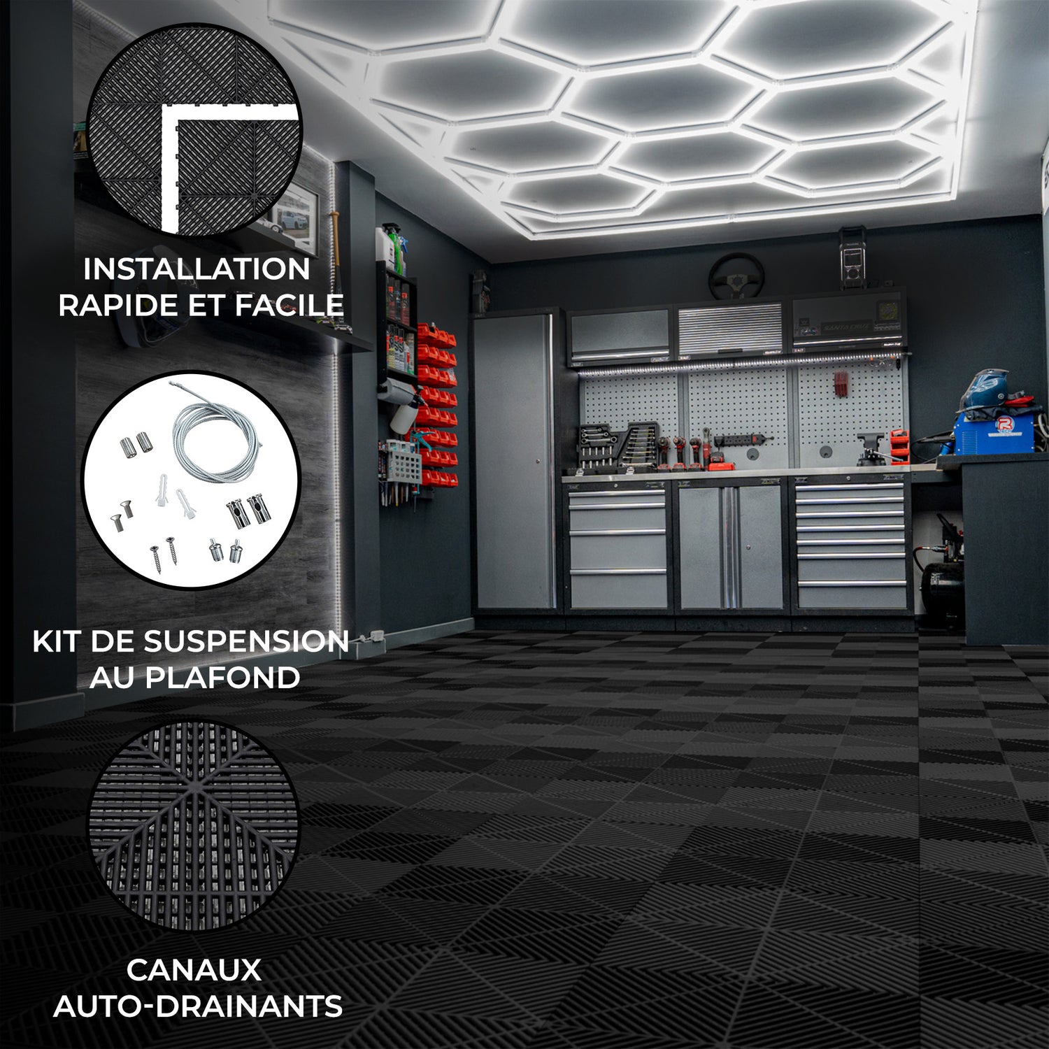 Lampes Hexagones & Carrelage de Sol Ventilé Pour Garage Avec Bordure (x120 Noir)
