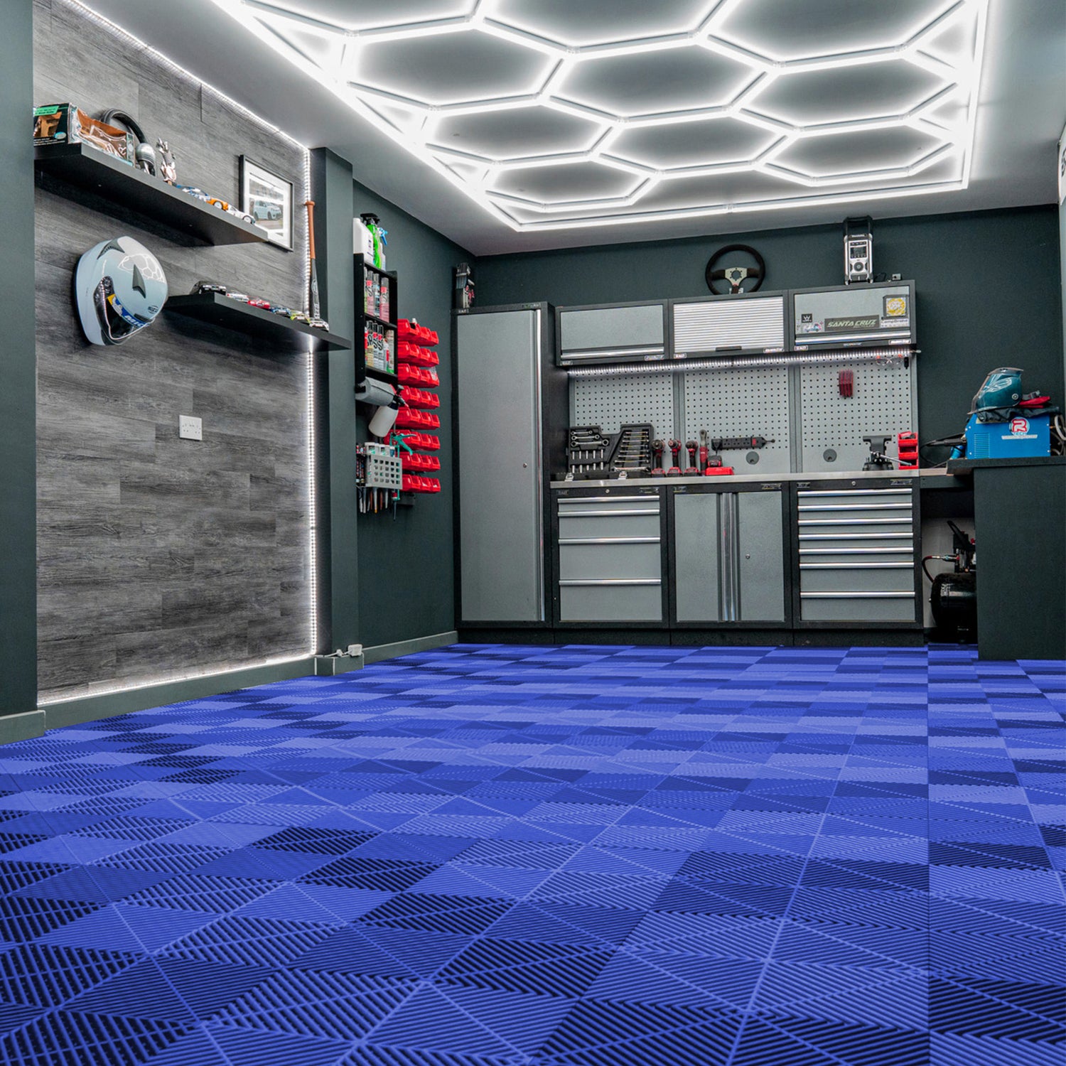 Lampes Hexagones & Carrelage de Sol Ventilé Pour Garage Avec Bordure (x120 Bleu)