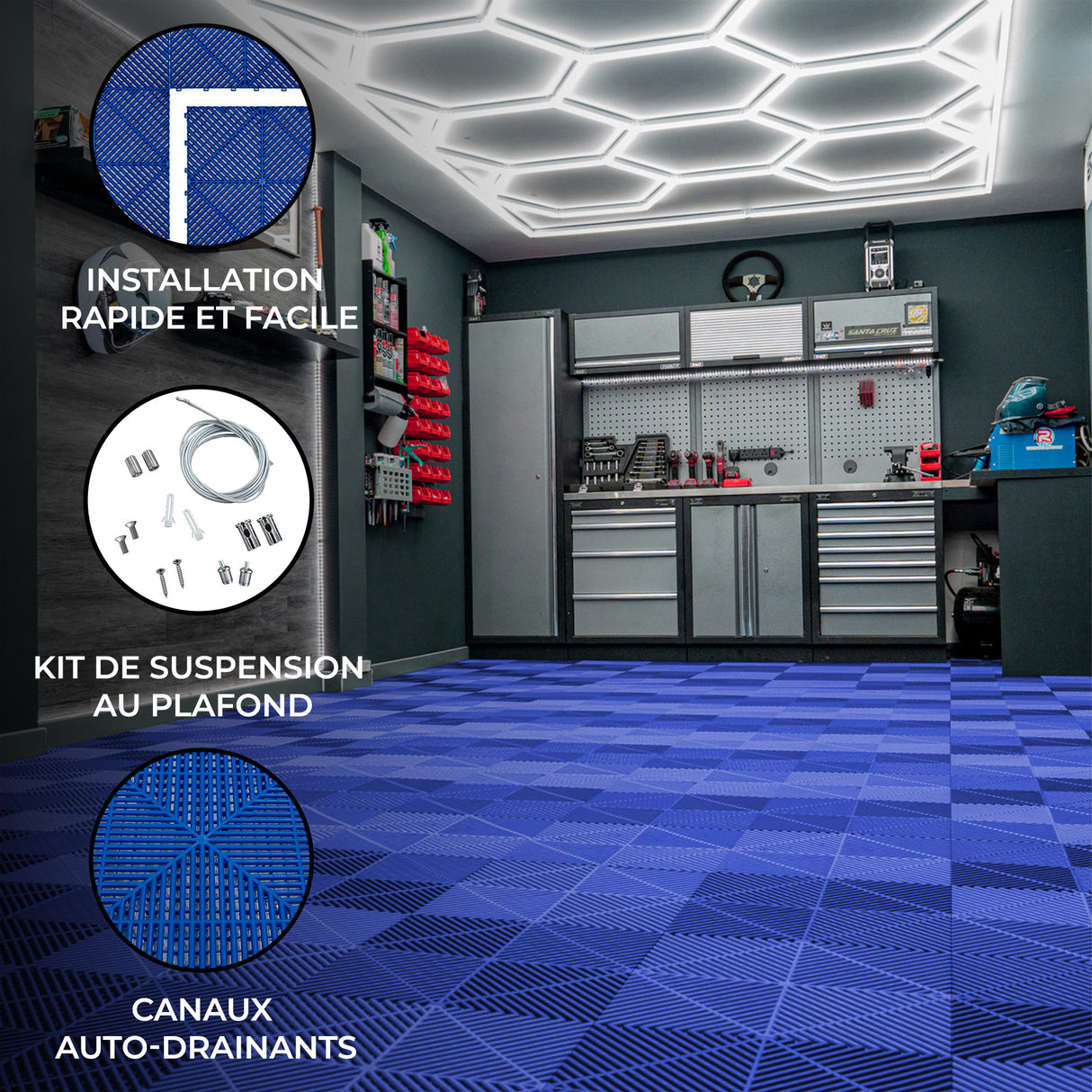 Lampes Hexagones & Carrelage de Sol Ventilé Pour Garage Avec Bordure (x120 Bleu)