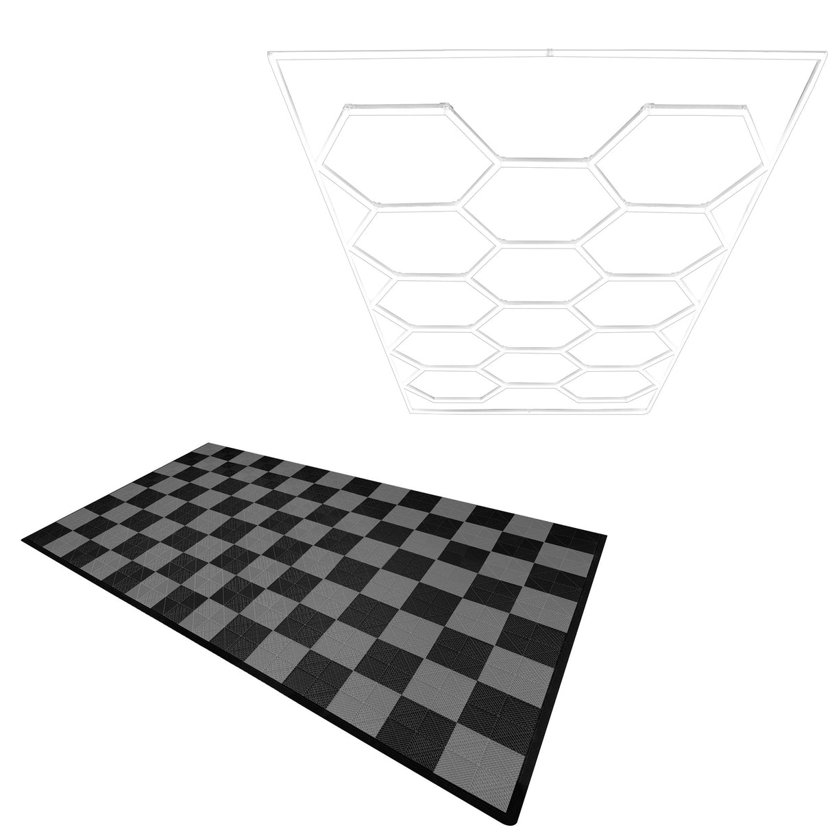 Lampes Hexagones & Carrelage de Sol Ventilé Pour Garage Avec Bordure (x 60 Noir x 60 Gris)