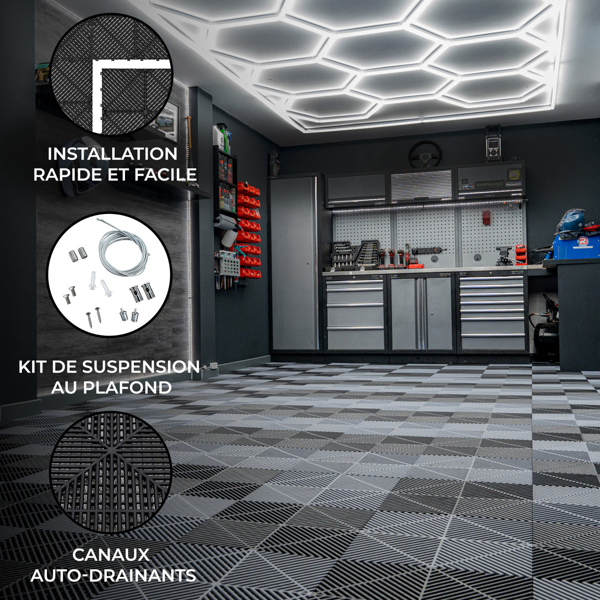 Lampes Hexagones & Carrelage de Sol Ventilé Pour Garage Avec Bordure (x 60 Noir x 60 Gris)