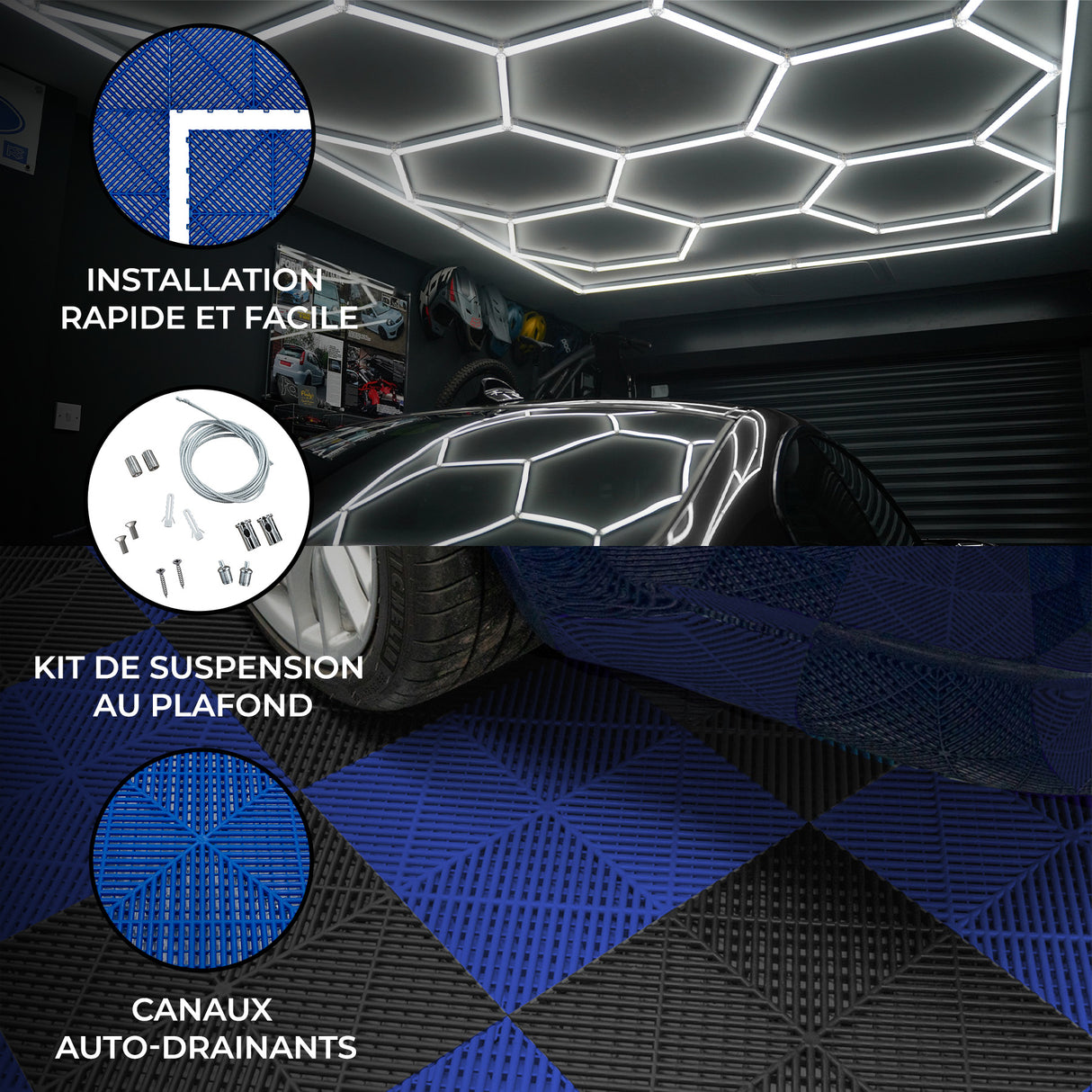 Lampes Hexagones & Carrelage de Sol Ventilé Pour Garage Avec Bordure (x60 Noir x60 Bleu)