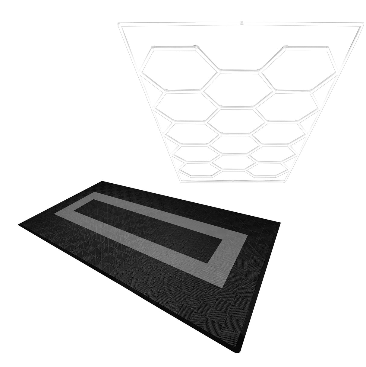 Lampes Hexagones & Carrelage de Sol Ventilé Pour Garage Avec Bordure (x90 Noir x30 Gris)