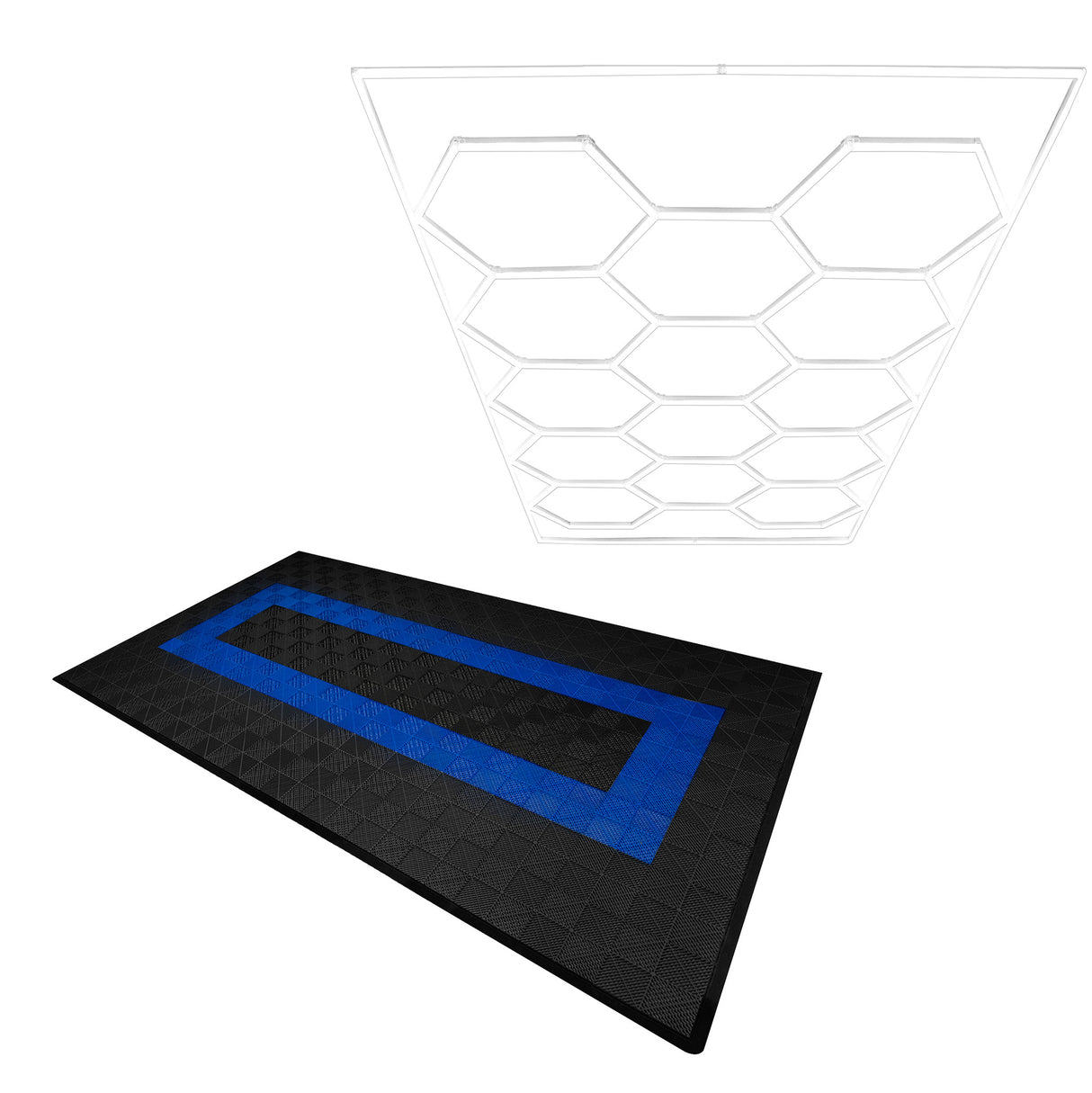 Lampes Hexagones & Carrelage de Sol Ventilé Pour Garage Avec Bordure (x90 Noir x30 Bleu)