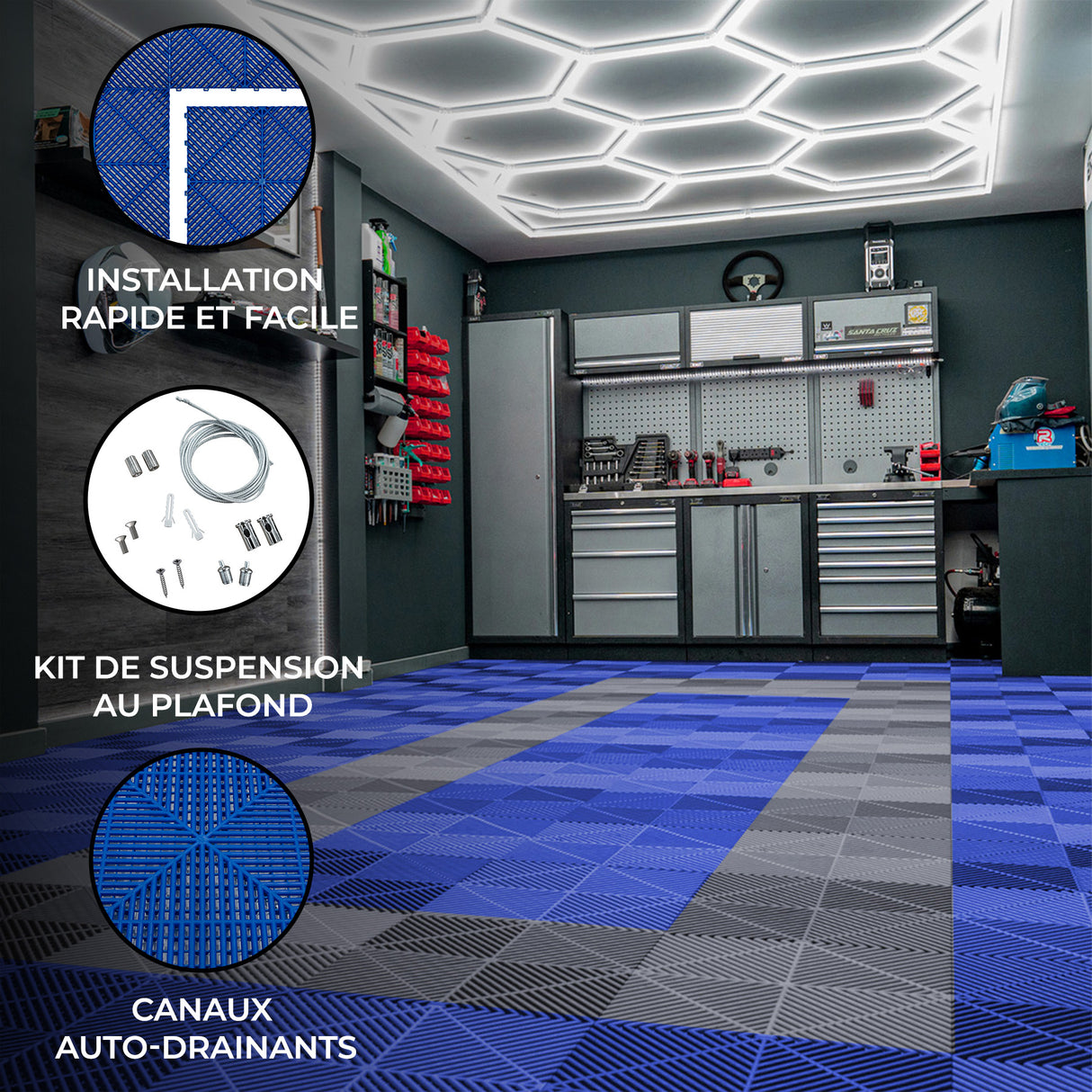 Lampes Hexagones & Carrelage de Sol Ventilé Pour Garage Avec Bordure (x90 Bleu x30 Gris)