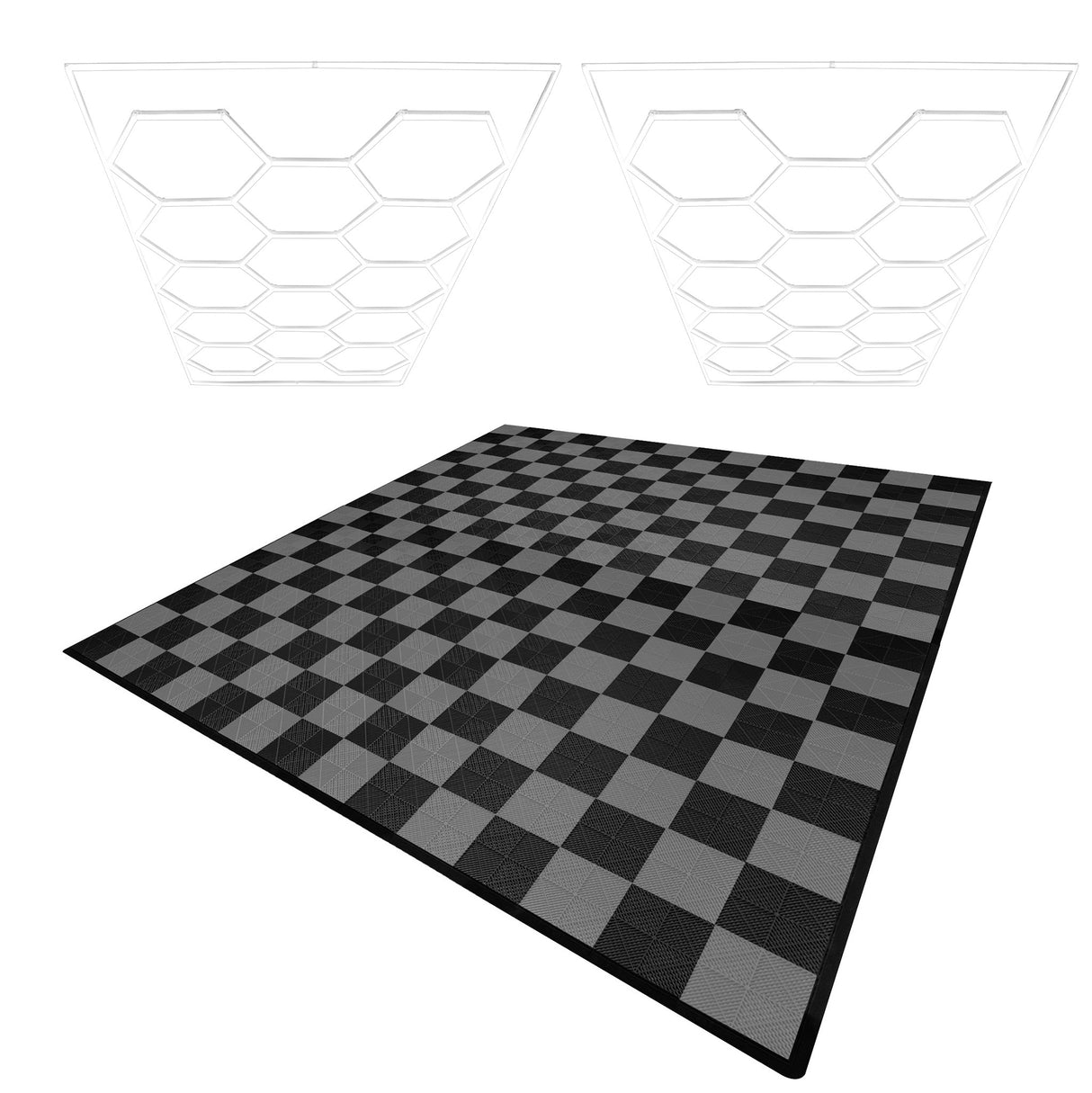 Lampes Hexagones & Carrelage de Sol Ventilé Pour Garage Avec Bordure (x120 Noir x120 Gris)