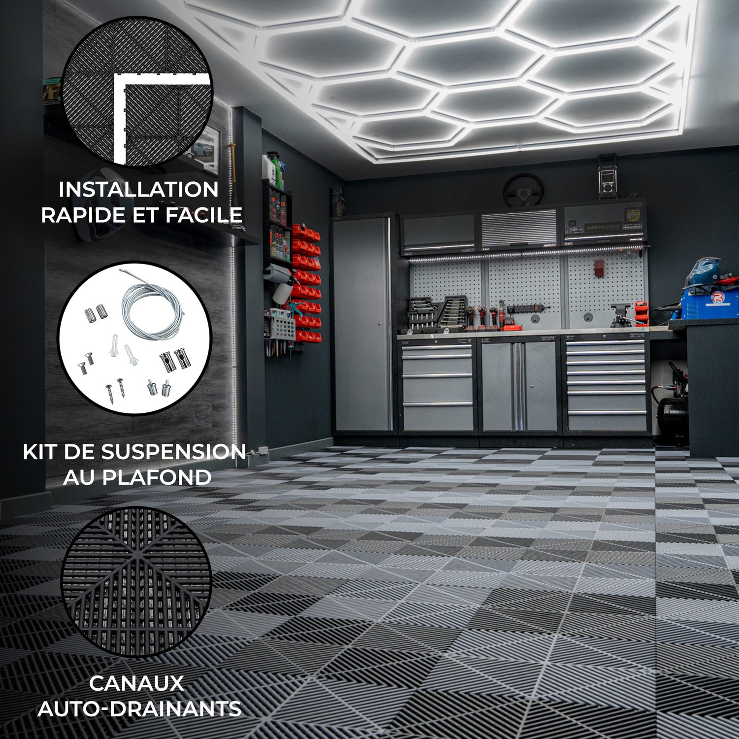 Lampes Hexagones & Carrelage de Sol Ventilé Pour Garage Avec Bordure (x120 Noir x120 Gris)