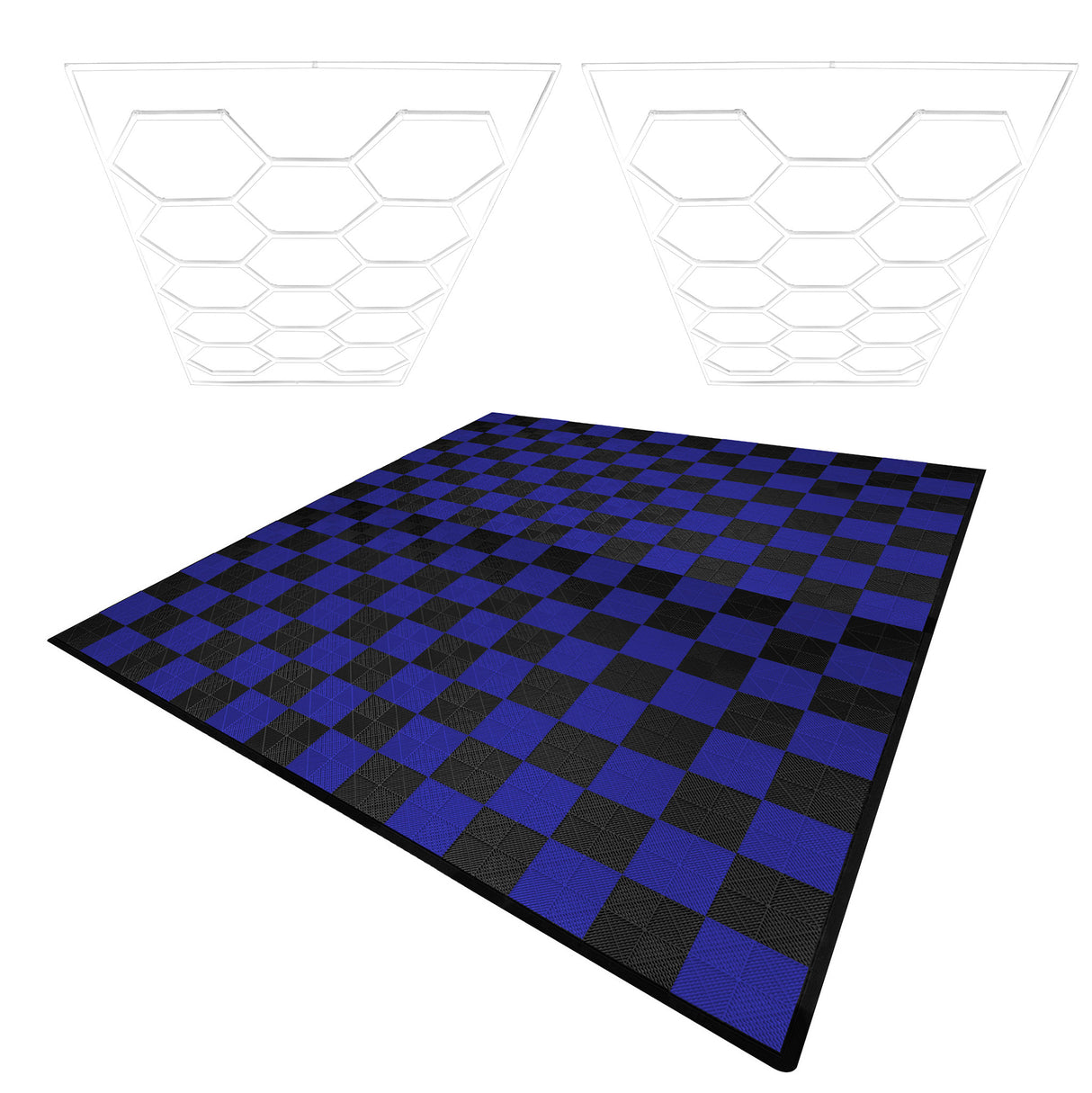 Lampes Hexagones & Carrelage de Sol Ventilé Pour Garage Avec Bordure (x120 Noir x120 Bleu)
