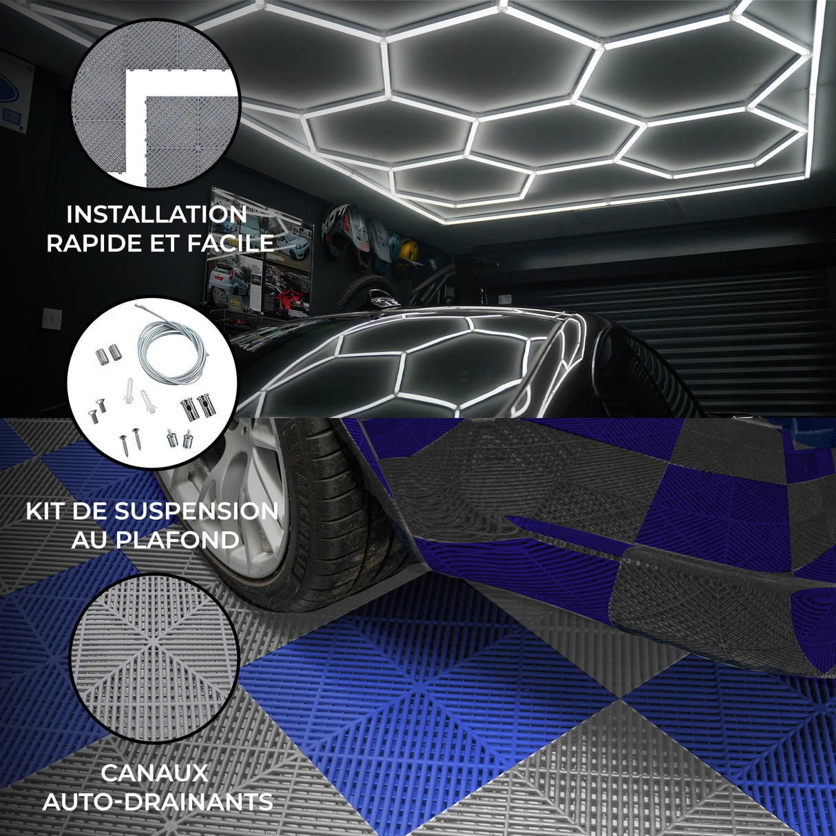 Lampes Hexagones & Carrelage de Sol Ventilé Pour Garage Avec Bordure (x120 Gris x120 Bleu)