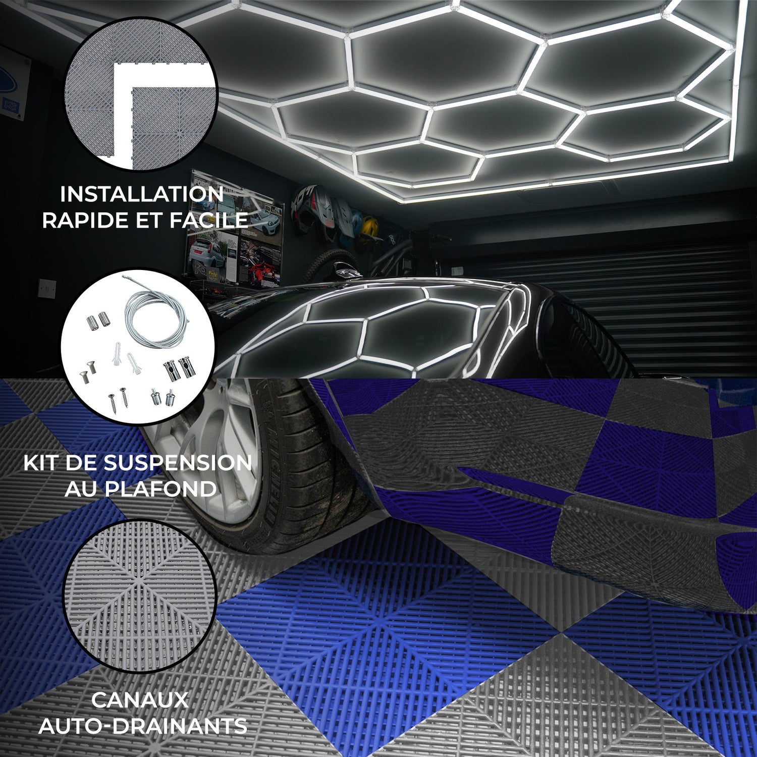 Lampes Hexagones & Carrelage de Sol Ventilé Pour Garage Avec Bordure (x120 Gris x120 Bleu)