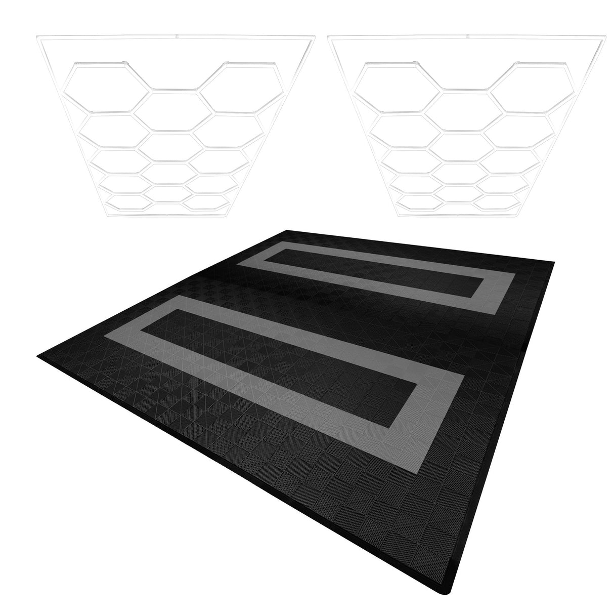 Lampes Hexagones & Carrelage de Sol Ventilé Pour Garage Avec Bordure (x165 Noir x60 Gris)