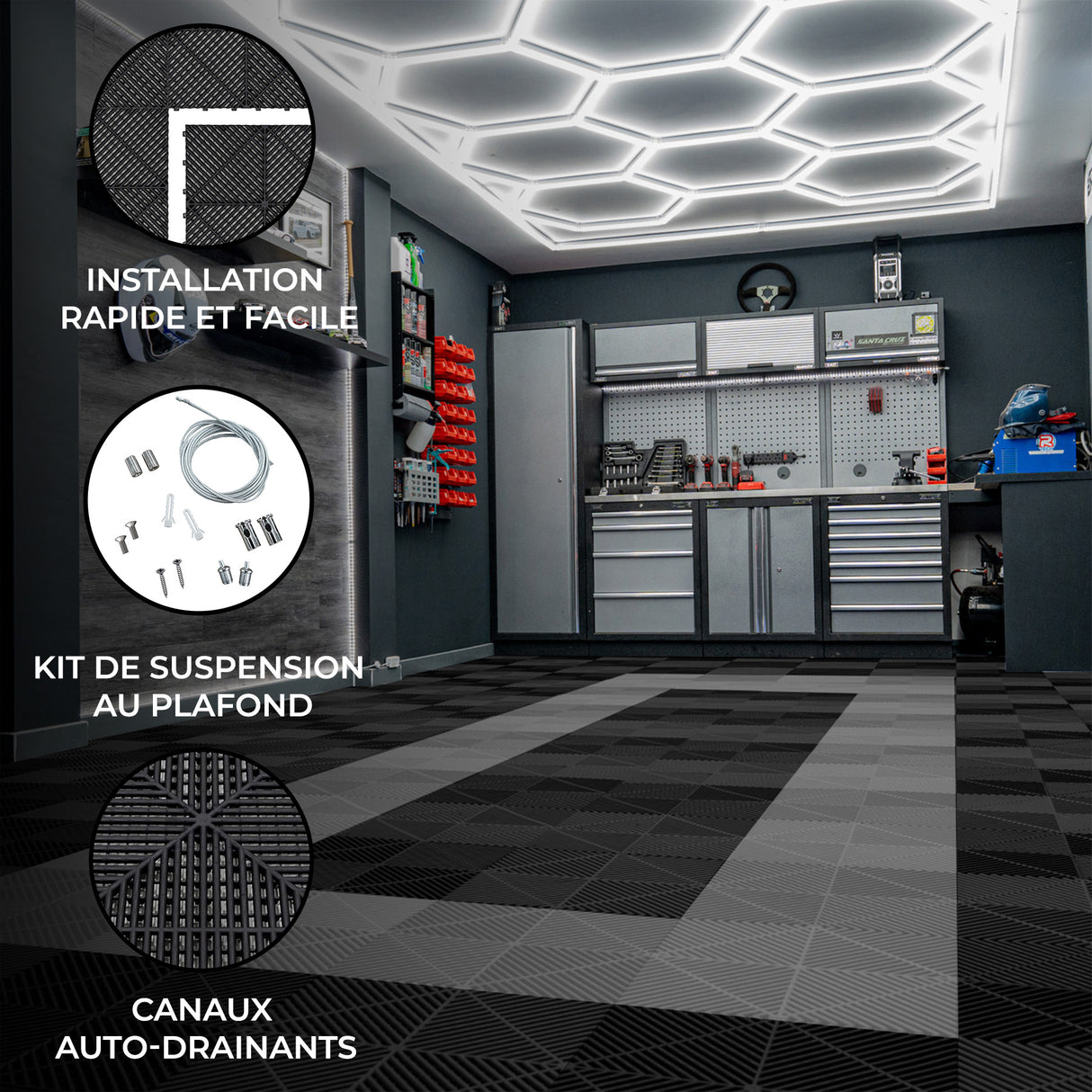Lampes Hexagones & Carrelage de Sol Ventilé Pour Garage Avec Bordure (x165 Noir x60 Gris)